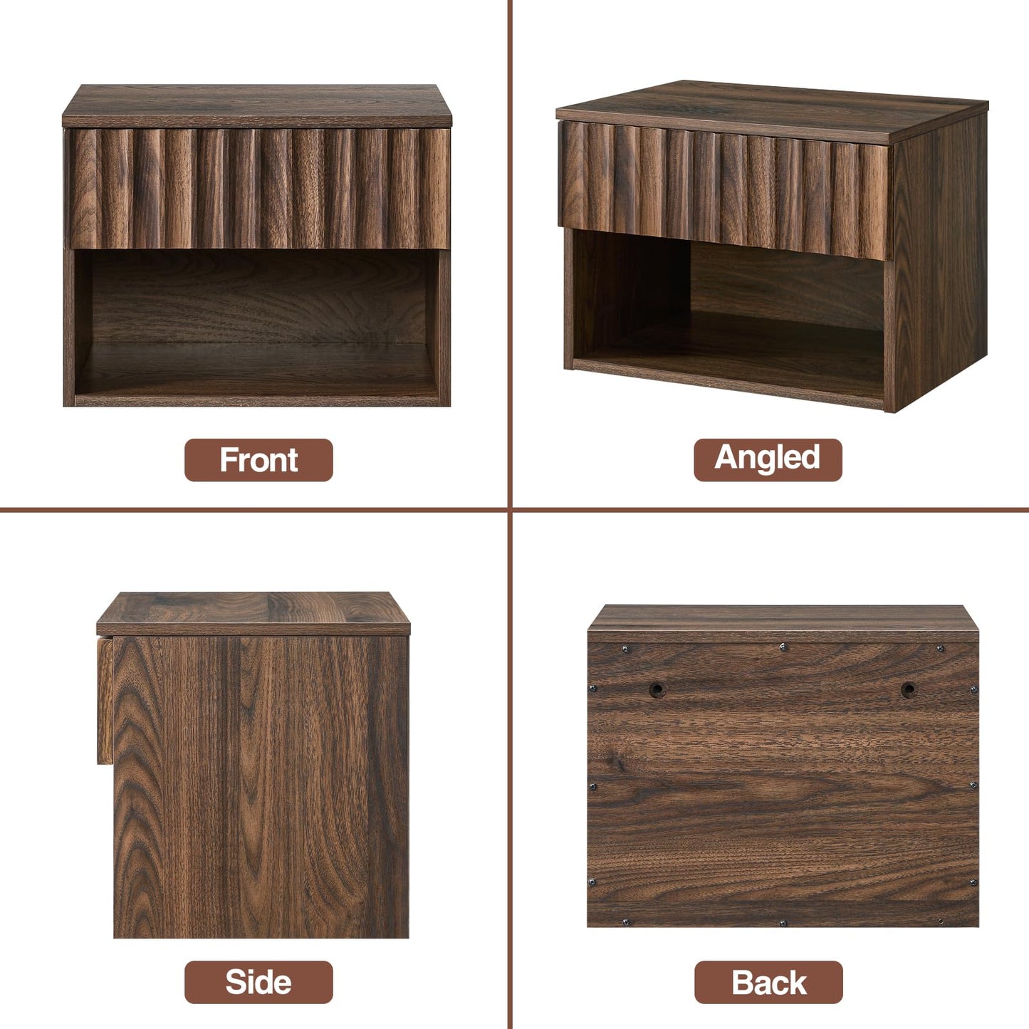 BuildHom Floating Nightstand with Fluted Drawer - Modern Wall Mounted Bedside Table with Open Storage Shelf, Small Night Stand for Bedroom(Walnut)