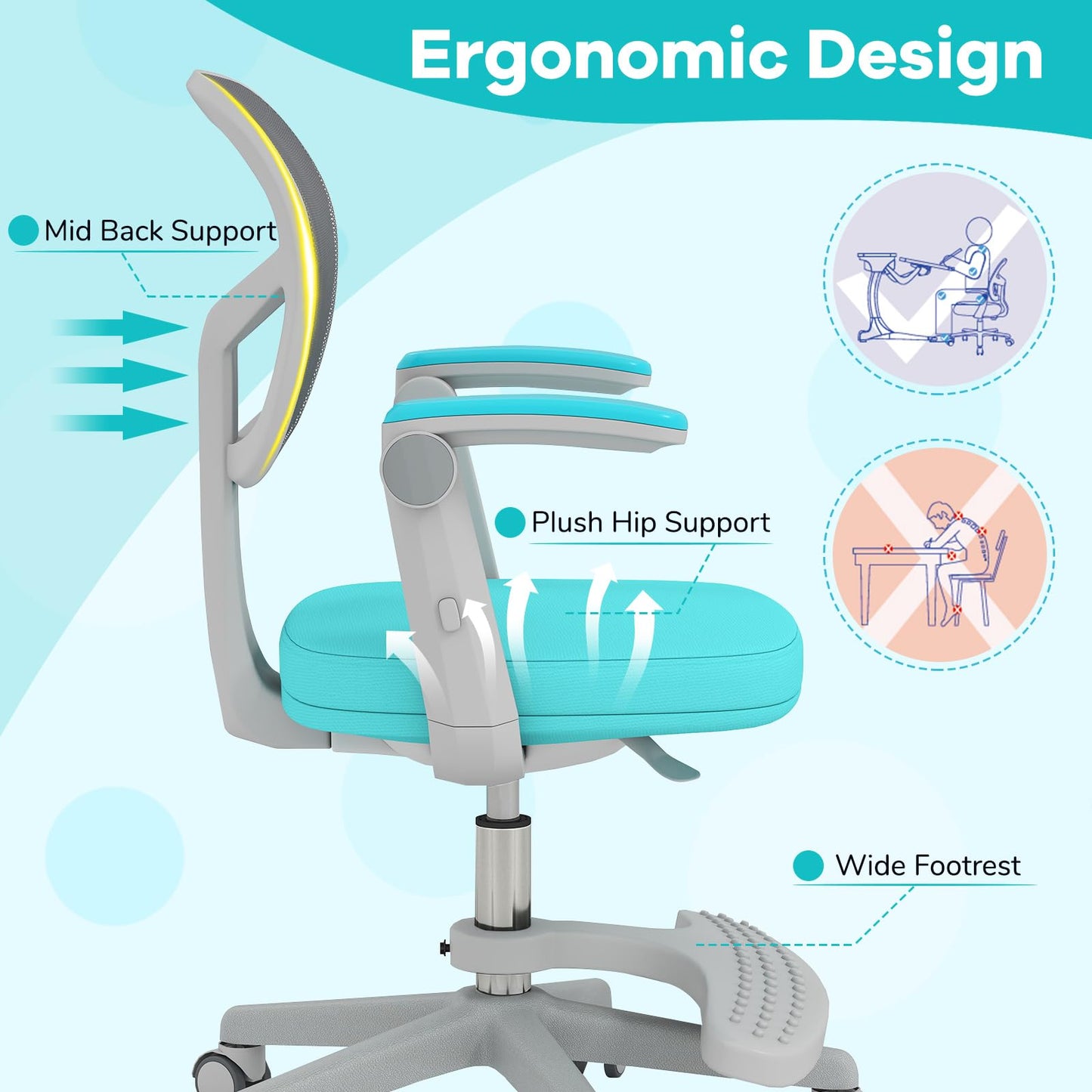 Costzon Kids Desk Chair, Student Ergonomic Computer Chair with Wheels, Footrest, Adjustable Height, Flip-up Armrests & Soft Removable Cushion, Swivel Rolling Kids Office Chair for 3-15 (Green)