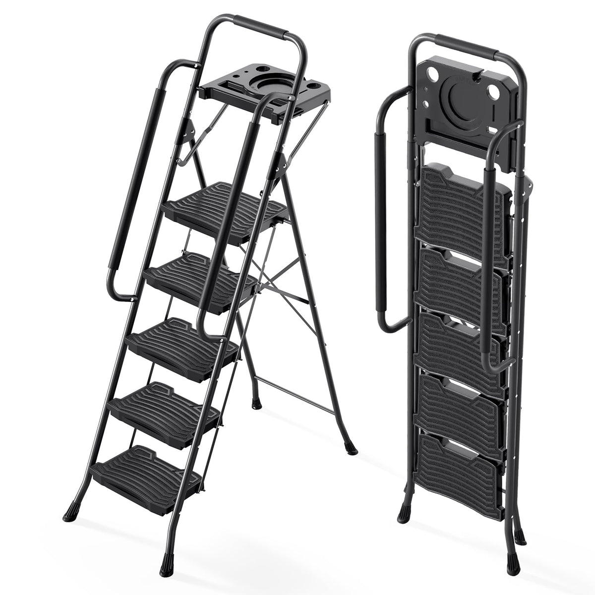 KINGRACK 5 Step Ladder with Tool Platform, 900 lbs Sturdy Step Stool with Handrail, Folding Steel Ladder with Wide Pedal, Safety Ladder for Adults Home Outdoor Painting Garage Office