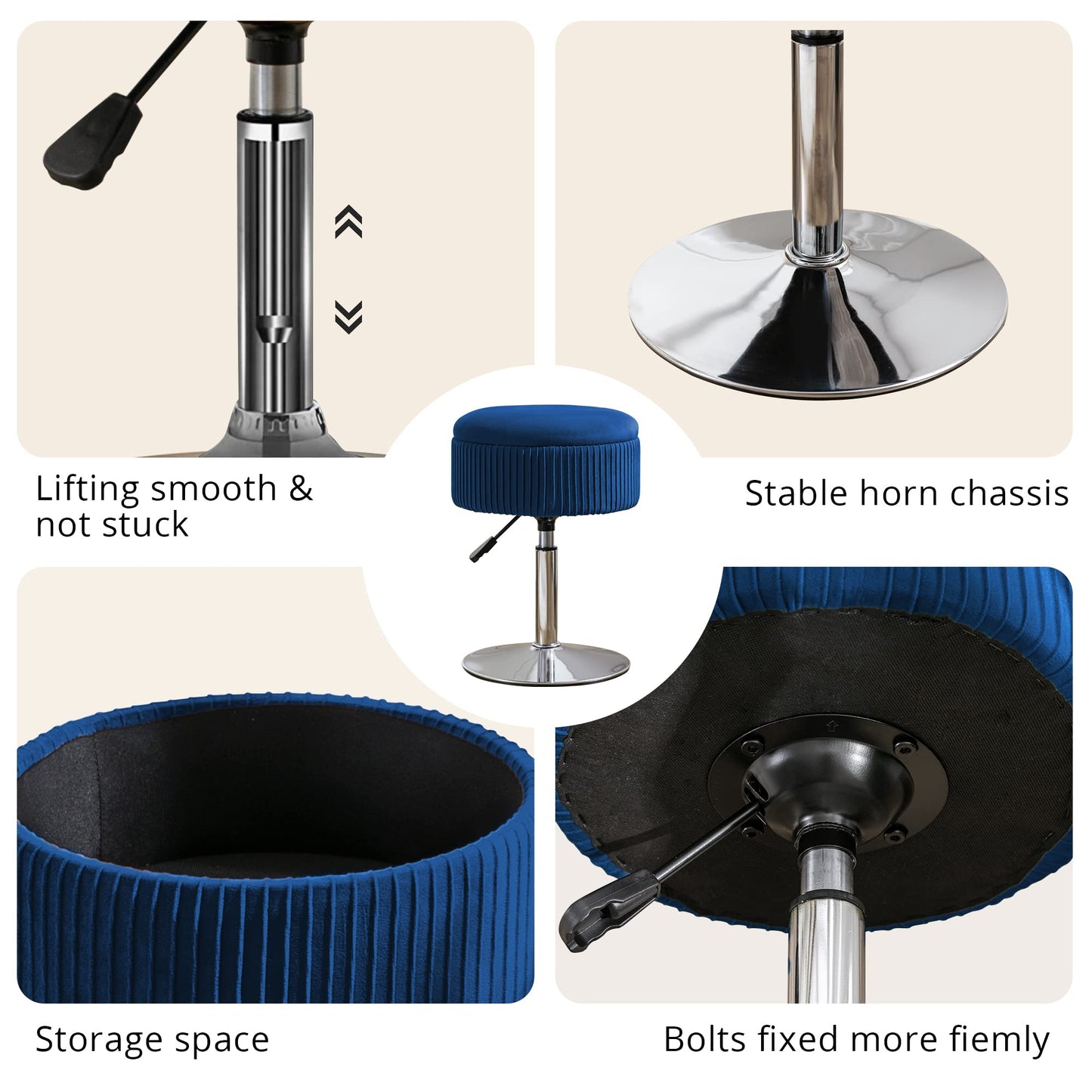 LUE BONA 360°Swivel Vanity Stool Chair for Makeup Room, Height Adjustable Stool for Vanity with Storage, Small Navy Blue Velvet for Bathroom, Living Room