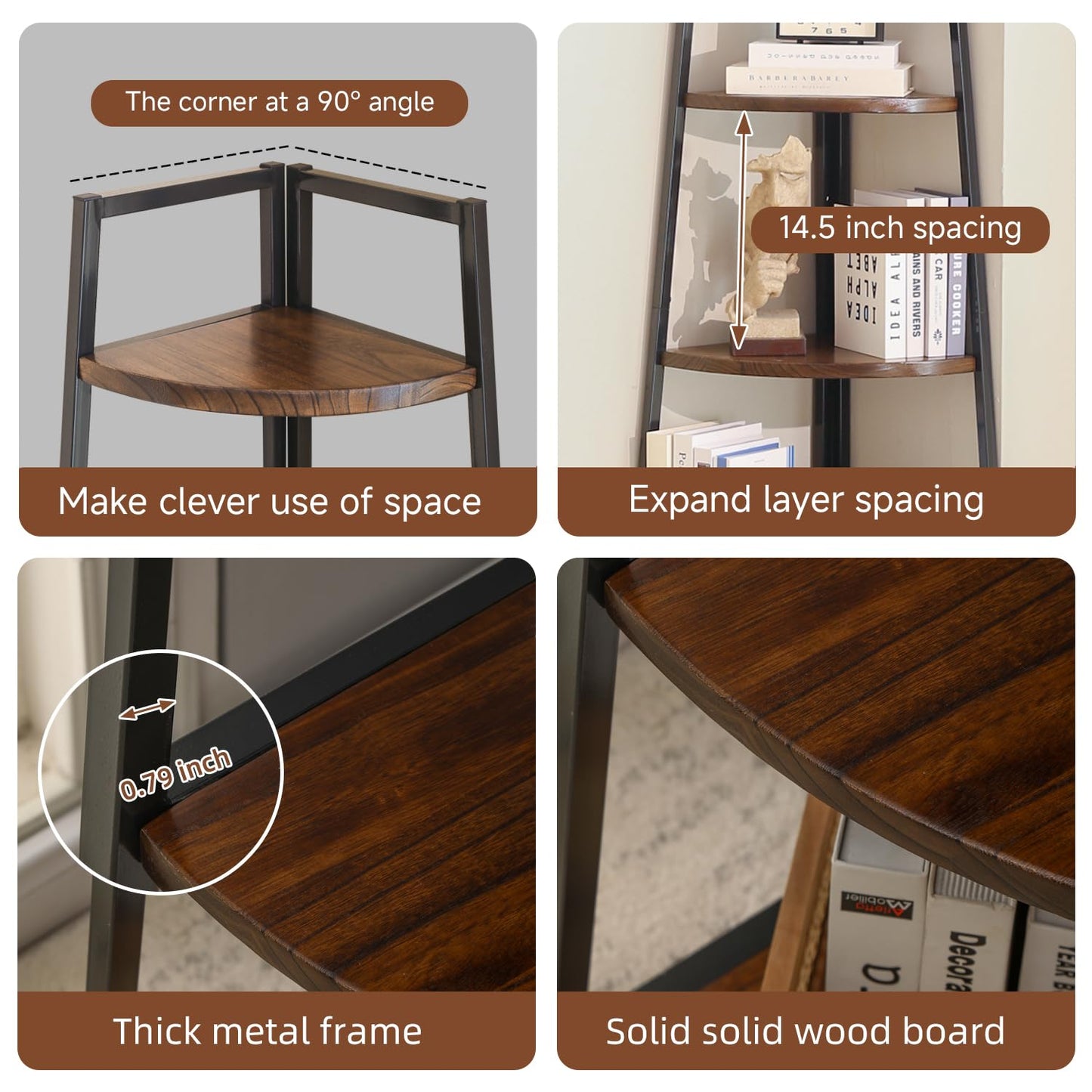 GUTECLOUD Soild Wood Corner Shelf, 5 Shelf Bookcase for Bathroom & Living Room, Tall Corner Bookshelf with Ladder Design, Space Saving Corner Bookcases (Brown)