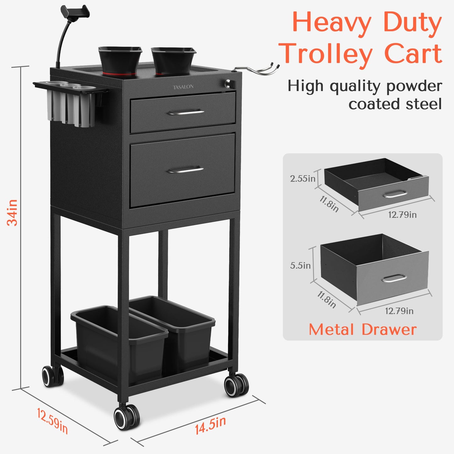 TASALON Metal Lockable Salon Cart with Wheels, 2 Magnetic Bowls & Drawers, Rolling Barber Trolley, Mobile Storage Cart with Drawers for Hair Stylist, Beauty Salon & Barber Shop