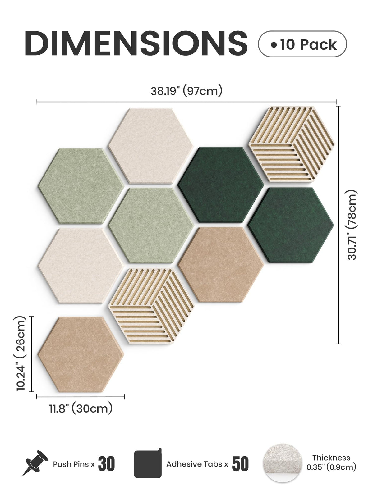 Fluxynara Hexagon Cork Board Alternative for Walls Decor-10-Pack Felt Bulletin Board Tiles,with 30 Pushpins,50 Adhesive Tabs for Office,Classrooms & Home Pin Board Felt Board-Nordic Moss