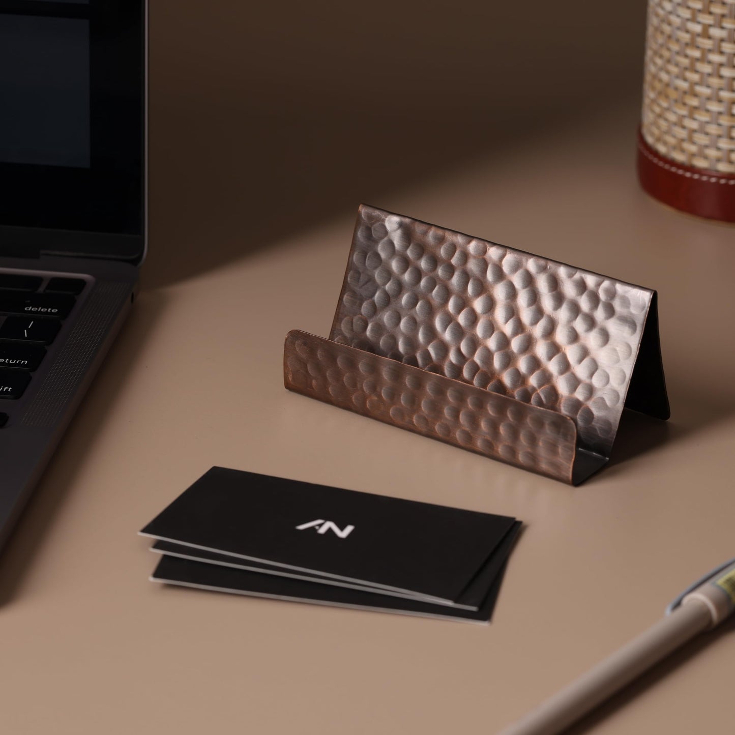 GoCraft Pure Copper Business Card Holder Stand – Antique Finish, Holds 20-30 Cards, Stylish Desk Organizer for Office, Home, Professional Use, Elegant Business Card Display Holder