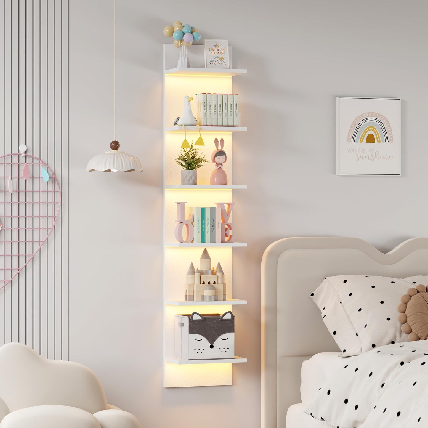 Qupui 6-Tier Wall Shelf with RGB LED Lights, 57" Tall Floating Storage Organizer for Bedroom Living Room Game Room - White Wall Mounted Shelves with 22 Lighting Modes
