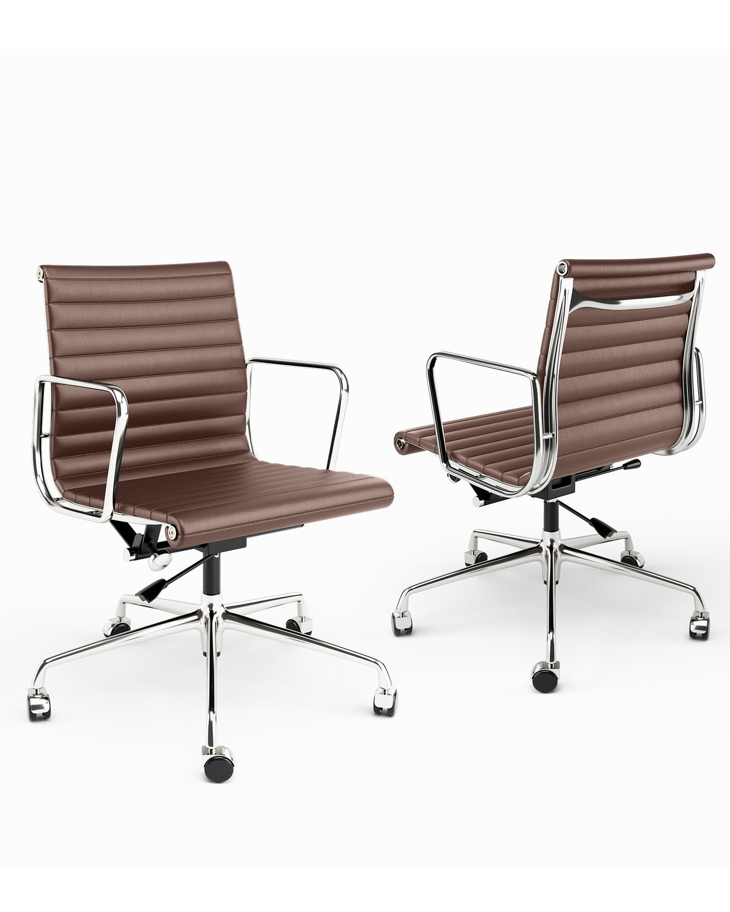 OTDMEL Ribbed Office Chair with Top Grain Leather - Mid Back Ergonomic Desk Chair with Aluminum Arm Rest and 5-Star Base, Swivel Chair Brown
