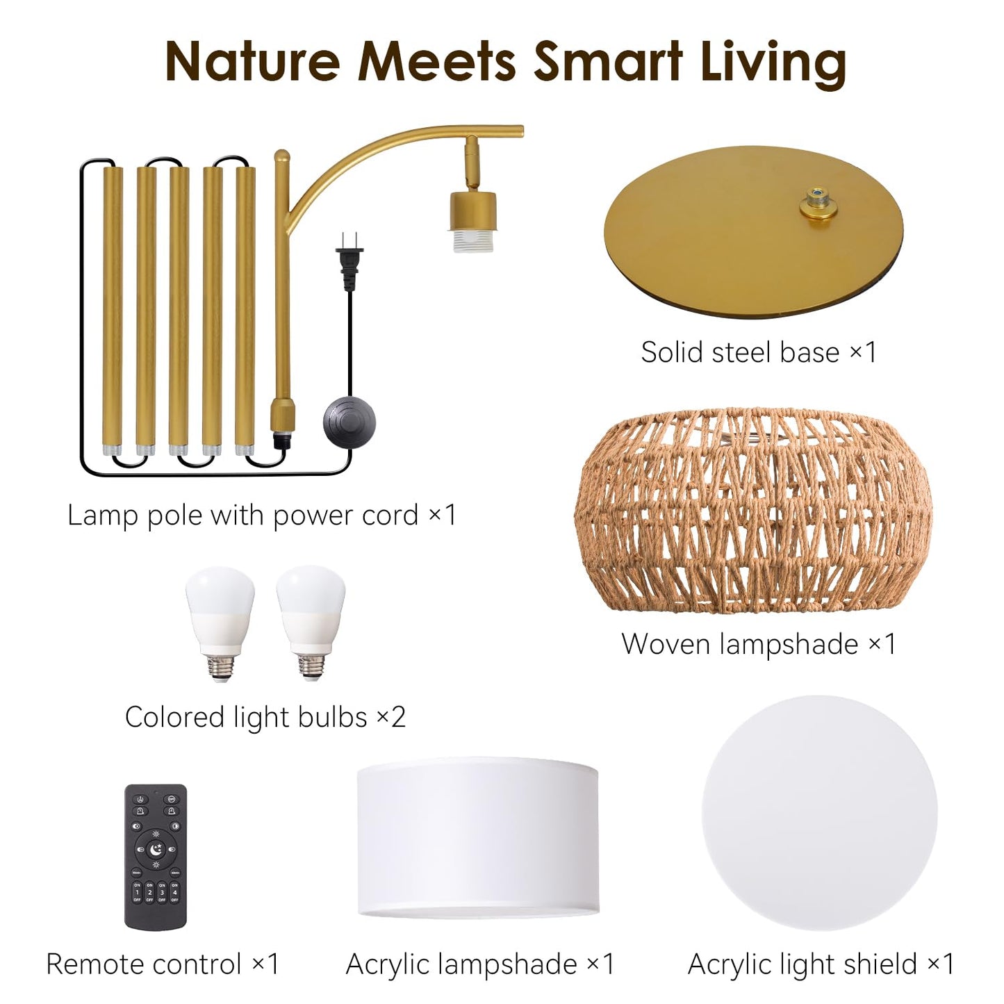 DRAWNCAT Gold Boho Rattan Floor Lamp w/Remote, Dimmable (2700K - 6000K), 2 - in - 1 Wicker & Fabric Shade, Adjustable 165-172cm for Living Room & Bedroom