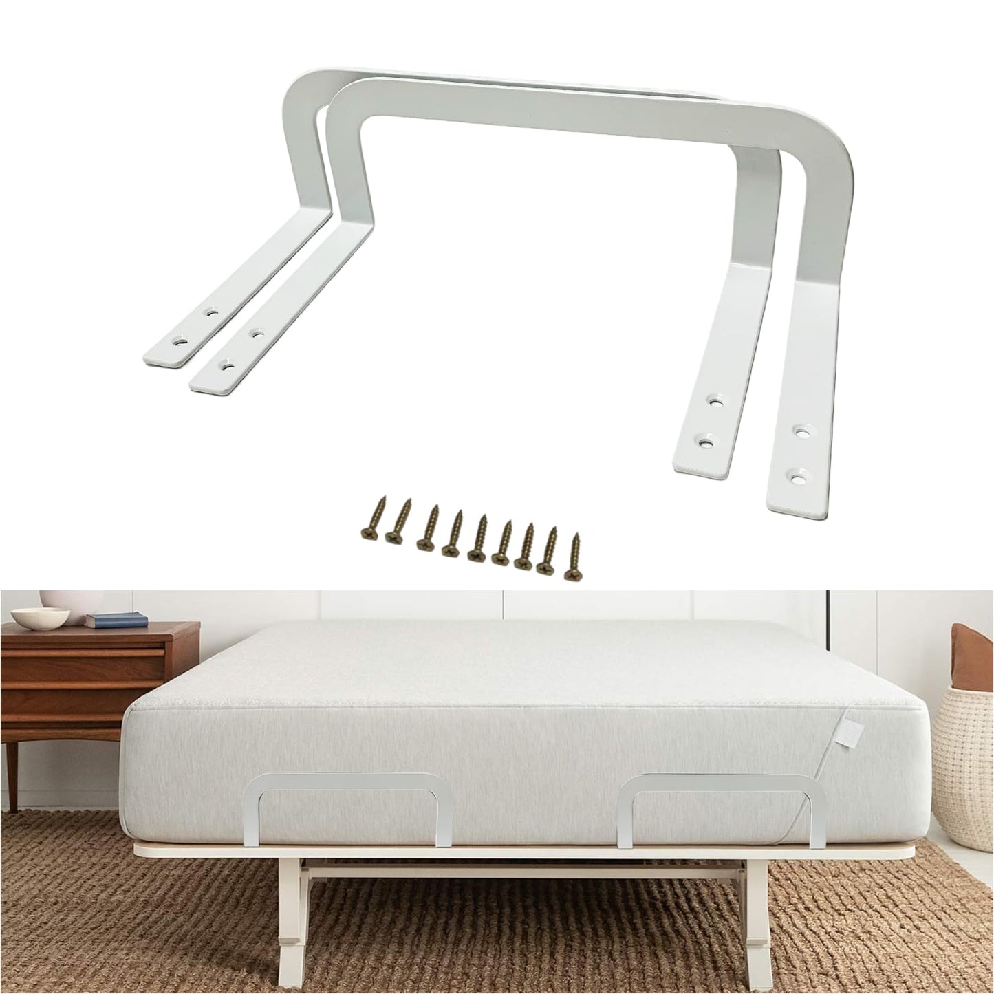 ANTEISI 2-Pcs White L-Shaped Metal Mattress Holder – Low-Profile Steel Bed Frame Stabilizer with Screws, 10.35x3.54 Inch,to Stop Sliding (Fits Mattress Height >3.54in)