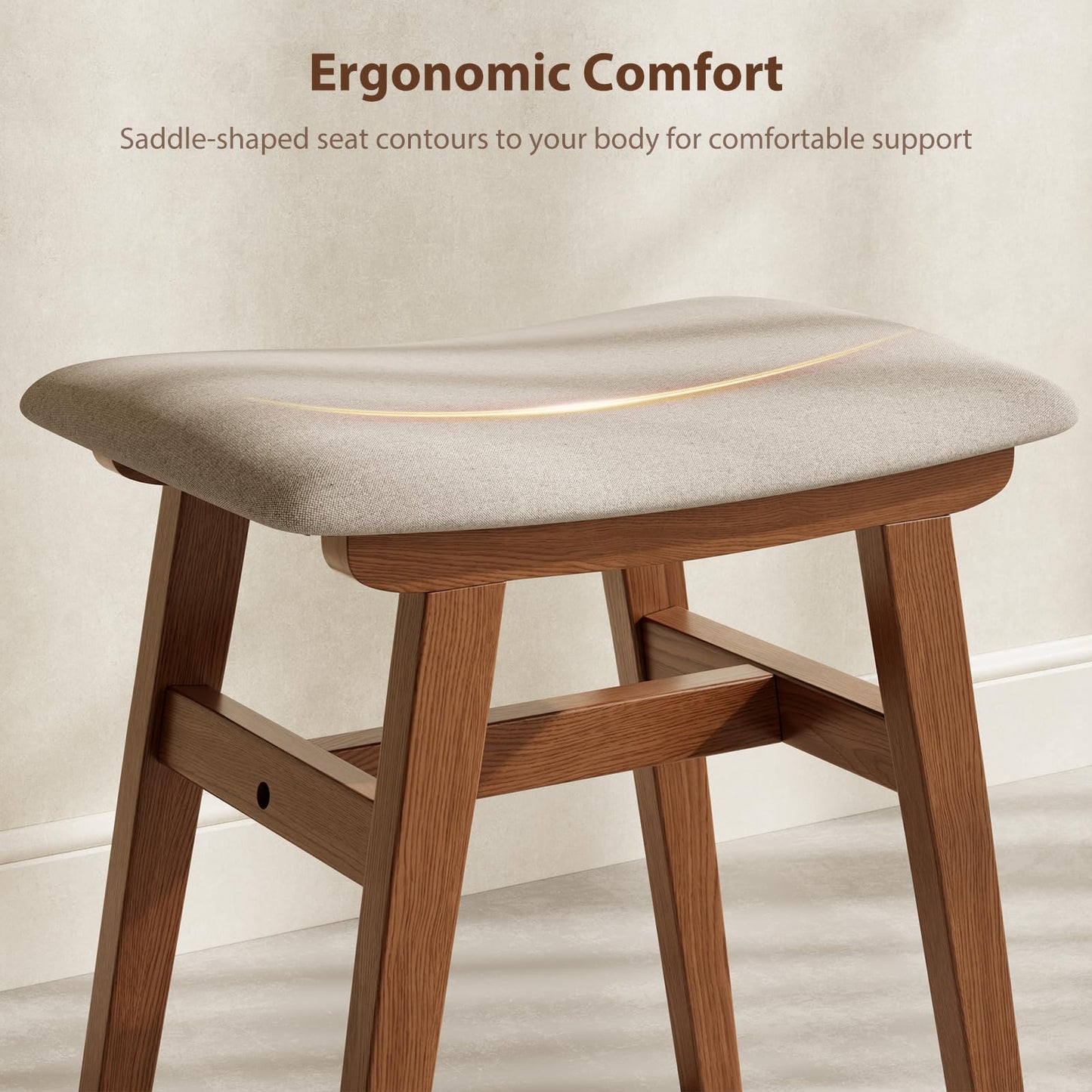 Muwuele Solid Wood Vanity Stool, Compact Makeup Chair with Saddle Cushion, Linen-Covered High Rebound Sponge Seat, Easy Assembly Footstool for Bedroom, Entryway, Home, Walnut