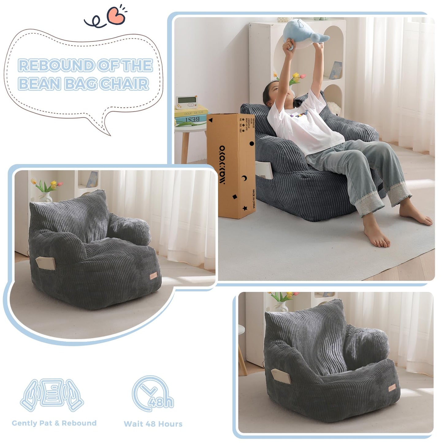 MAXYOYO Kids Bean Bag Chair, Stuffed Toddler Bean Bag Sofa with Filler Bean Bag Chair for Boys and Girls, Lazy Sofa with Pocket Floor Chair for Gaming, Reading, Dark Grey