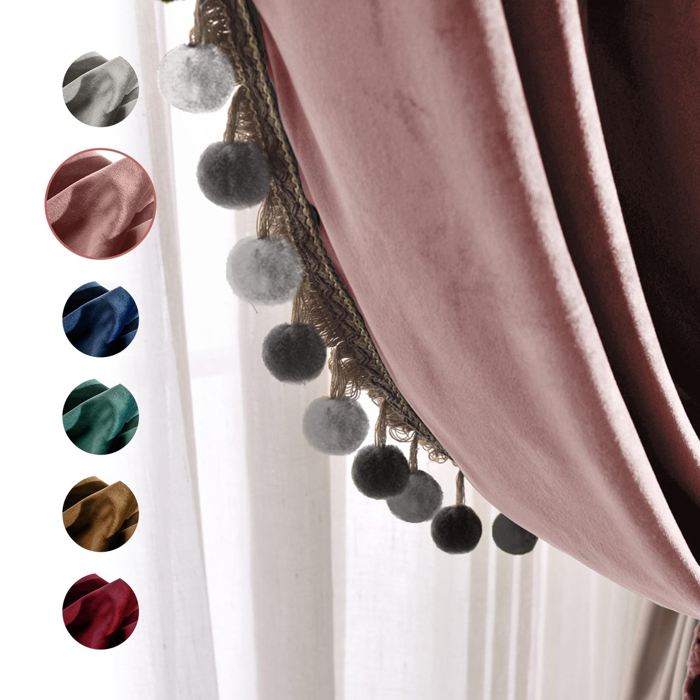 Melodieux Pom Poms Velvet Blackout Curtains for Bedroom Living Room, Vintage Luxury Thermal Insulated Rod Pocket Lined Drapes, 52" W x 84" L, Dusty Rose (2 Panels)