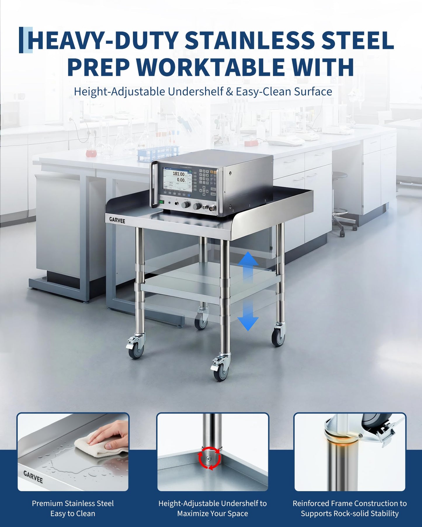 Stainless Steel Work Table 24x24 Inch with Wheels & 3-Sided Backsplash, Heavy Duty Commercial Prep Table, Adjustable Shelves, 4 Casters (2 Locking) for Kitchen, Restaurant, Home, Hotel