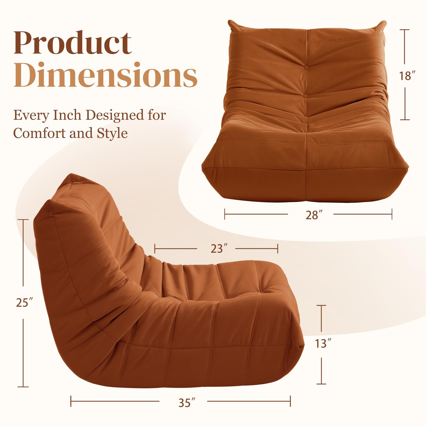 Bean Bag Chair, Fireside Chair Bean Bag Sofa for Adults, Bean Bag Chairs for Teens with High-Resilience Foam, Memory Foam & Non-Slip Base Bean Bag for Living Room, Bedroom, Office (Suede,Burnt Orange)