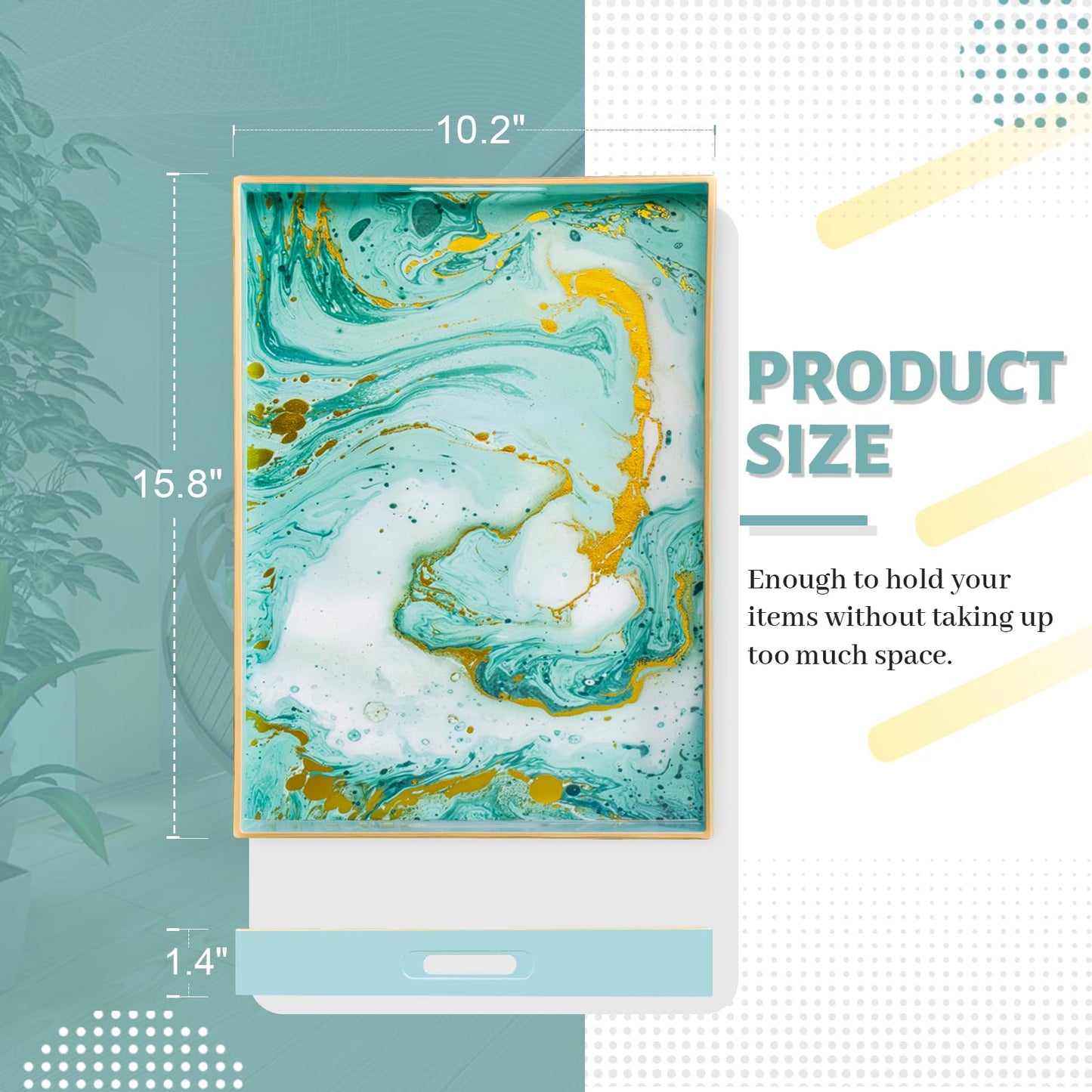 MAONAME Turquoise Serving Tray with Handles, Plastic Decorative Tray for Coffee Table, Marbling Rectangular Trays for Bathroom, Ottoman, Storage, 15.7" Lx 10.2" W X 1.57" H