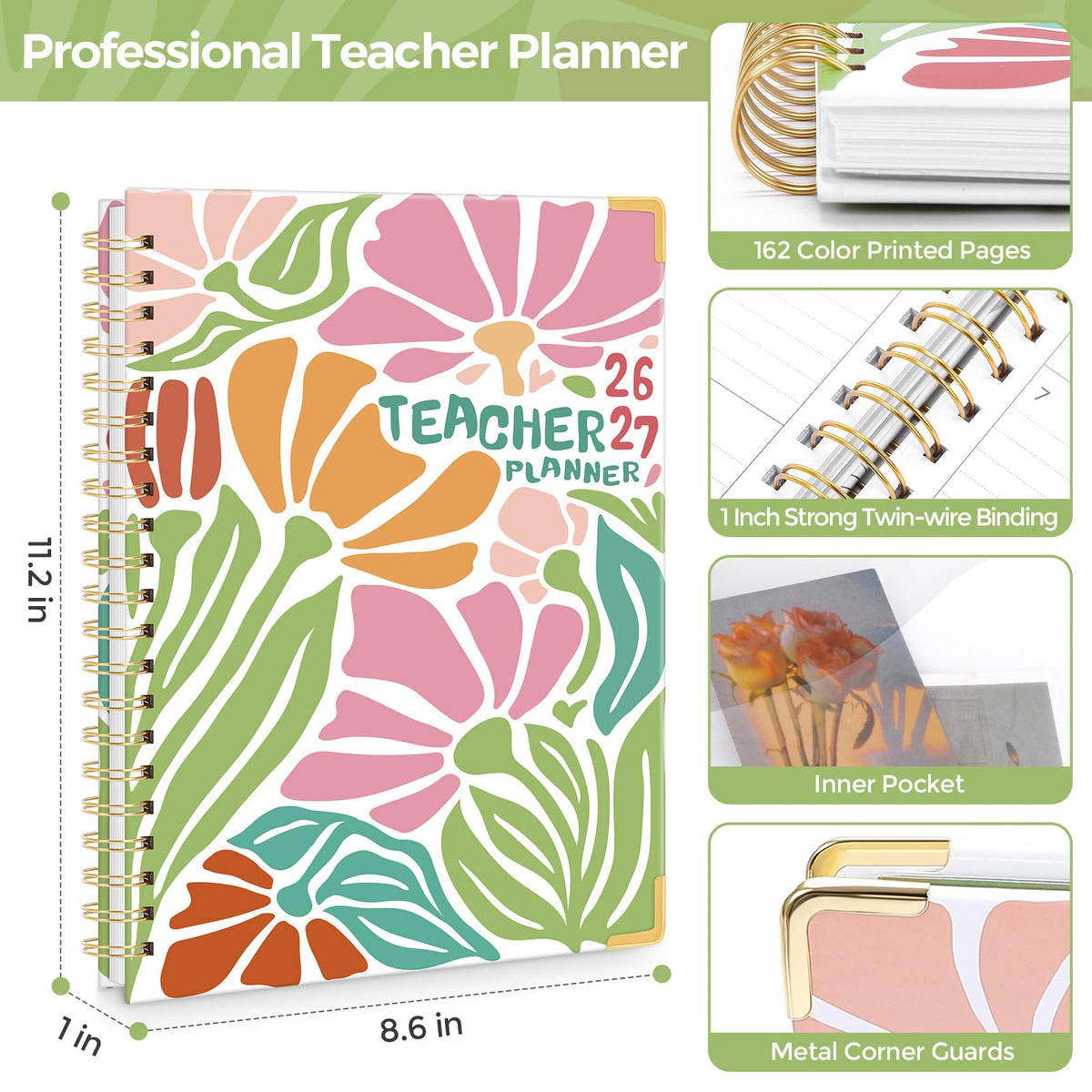 SKYDUE Teacher Planner 2026-2027 Academic Year, 8.5" x 11" Deluxe Teacher Lesson Planner with Monthly Tabs & Stickers, Lesson Plan Book 26-27, AbstractFloral