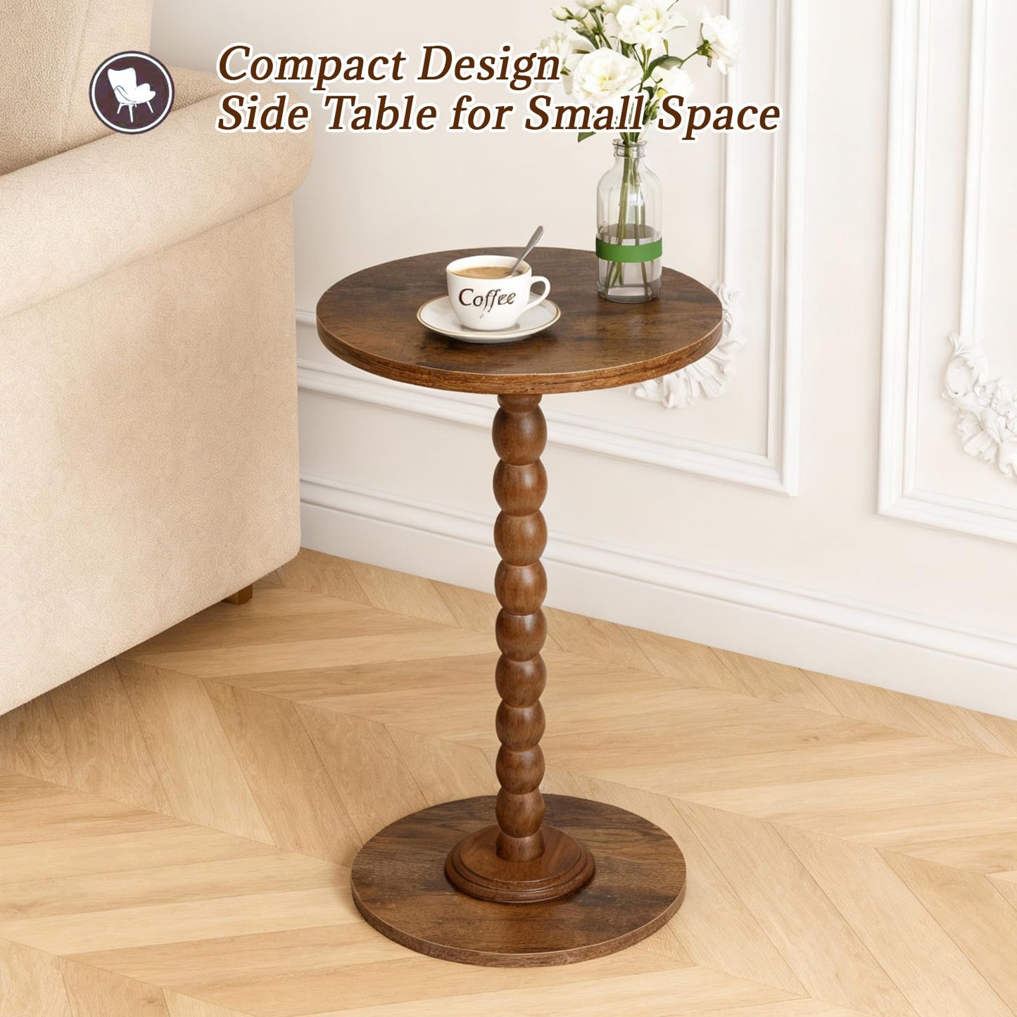 FIAHOSEY Small Walnut Drink Table - 22.56" Tall Vintage Bobbin End Table for Small Spaces, Dark Wood Pedestal Accent Table for Living Room, Classic Martini Table