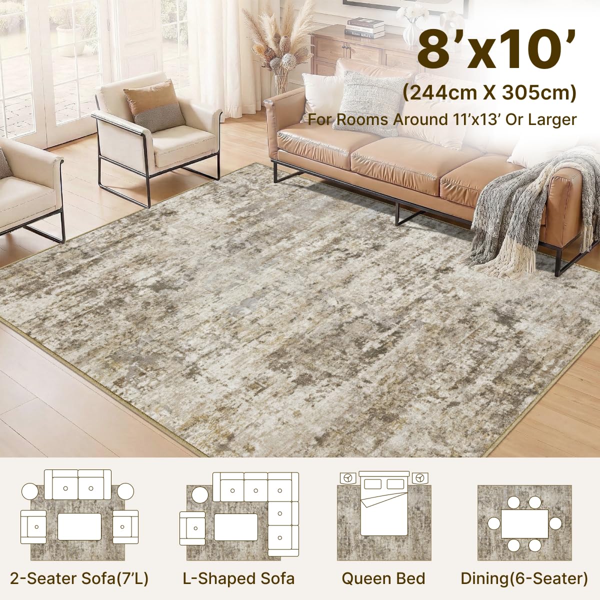Syrlfar 8x10 Area Rugs Washable Living Room Rug-No Slip Soft Carpets Modern Abstract Indoor Floor Stain Resistant Large Carpet for Bedroom Dining Room Farmhouse Nursery Home Office Brown