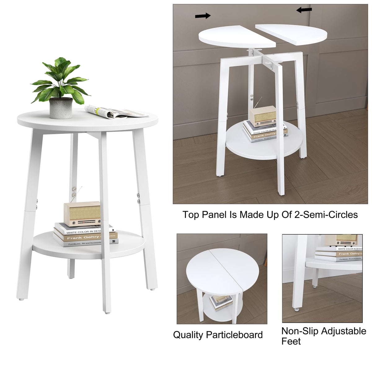 sthmec Side Table, Small Round End Table with Storage Shelf for Small Space, 2-Tier Bedside Table Sofa Couch Table, Round Accent Table Nighstands for Living Room, Bedroom,White