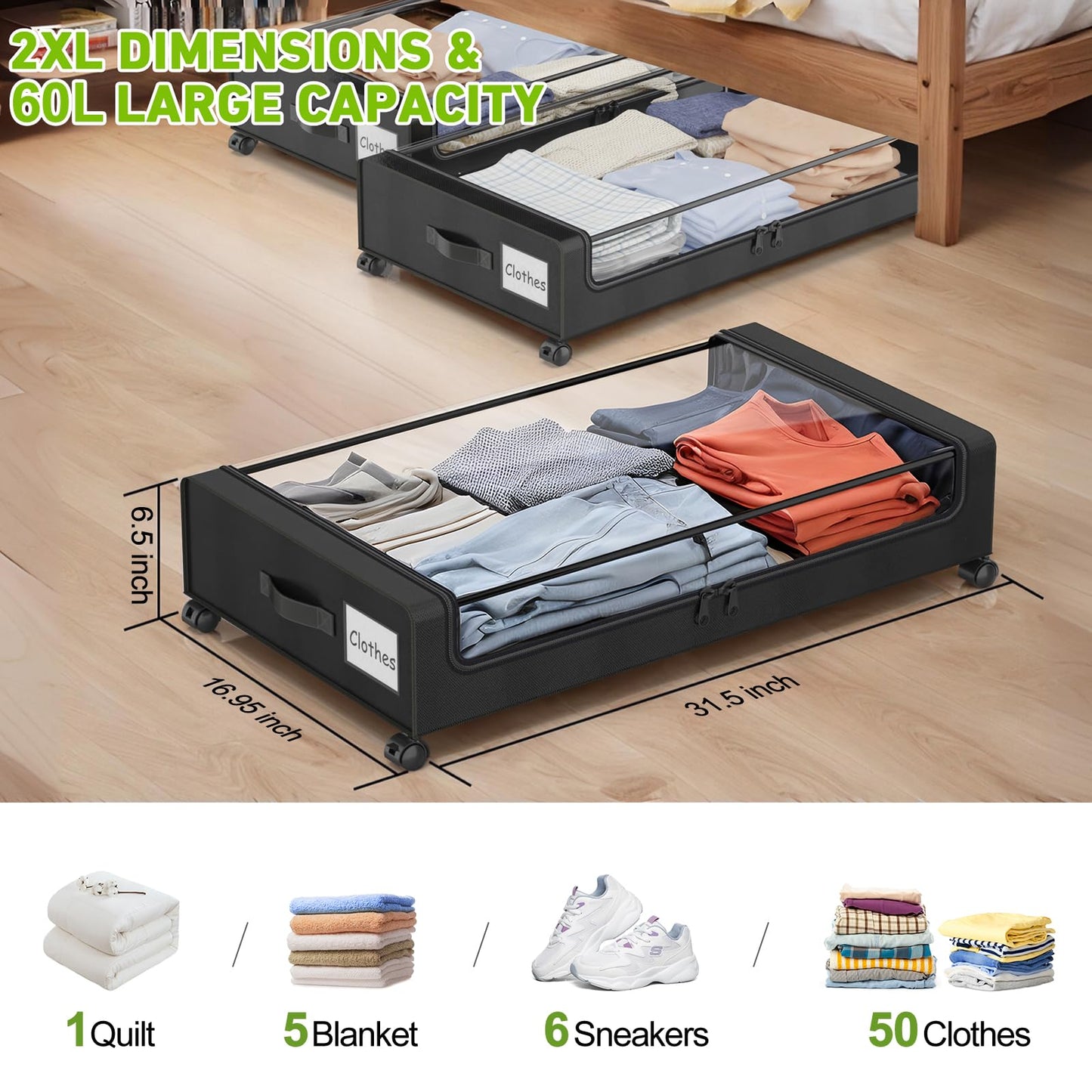 Beborxue Under Bed Storage with Wheels, 2-Pack Under the Bed Storage Containers with Lids, XXL 60L Under Bed Shoes Storage Organizer Bins, Rolling Underbed Storage for Clothes, Shoes, Blankets (Black)
