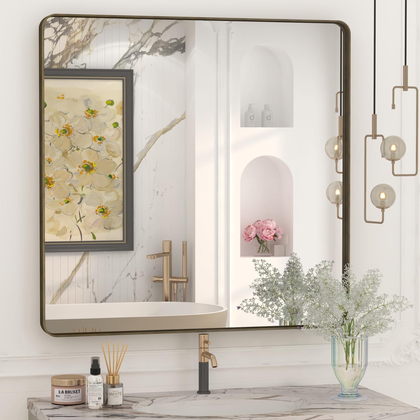 CHARMOR 36x36 Square Bathroom Framed Mirror for Wall, Brushed Bronze Metal Bathroom Vanity Mirror, Rounded Rectangle Mirror, Anti-Rust, Tempered Shatterproof (Horizontal/Vertical)
