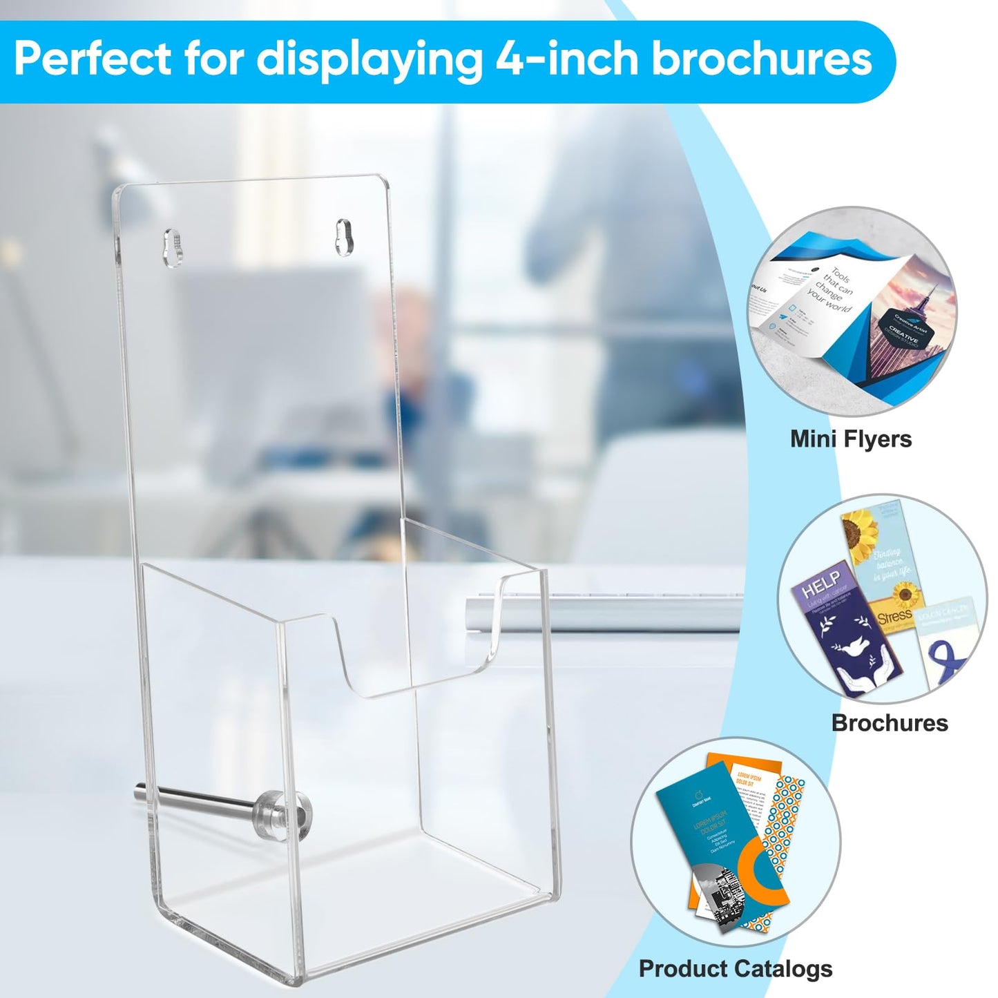 Acrylic Brochure Holder Wall Mount or Countertop Display Stand – Clear Pamphlet & Literature Organizer Fits Trifold Flyers, Menus, Leaflets for Office, Shop, Hotel, Classroom, Reception Desks (4 Pack, 4.3 x 7.8 inch)
