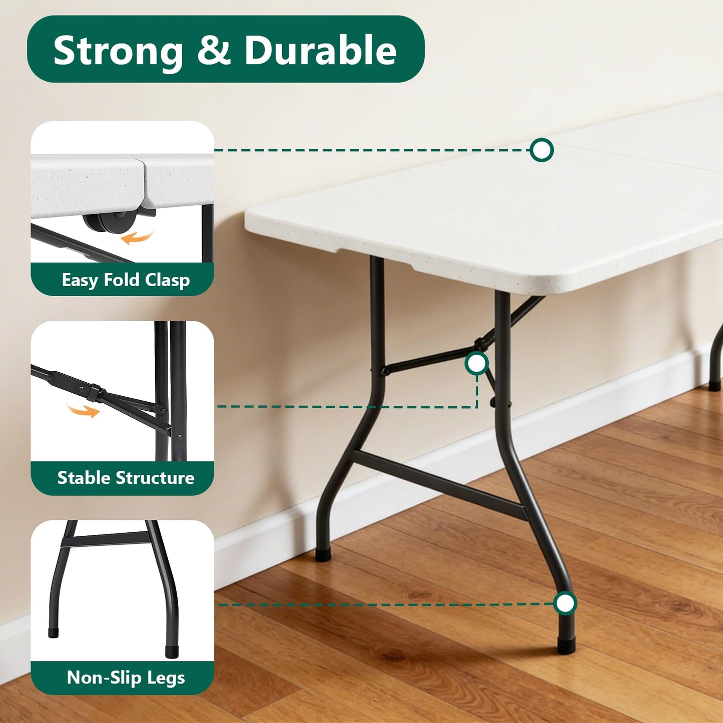 FurniEdge 6FT Folding Table, Heavy Duty Plastic Table with Handel, 300 lbs Portable Table, Reinforced Steel Legs, Fold-in-Half Table Ideal for Parties, Picnics, Weddings, Camping White