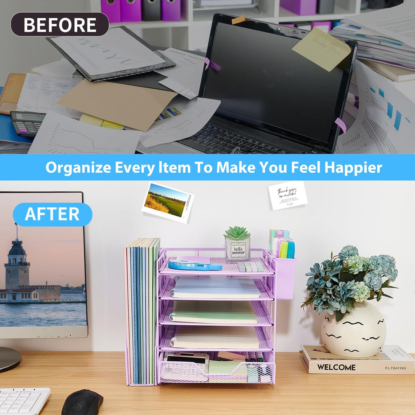 Gugsey Desk Organizers and Accessories, 5-Tier Paper Letter Tray Organizer with File Holder, Drawer & Pen Holder, Office Desk Accessories, Desktop Organizer for Classroom Office Supplies, Purple