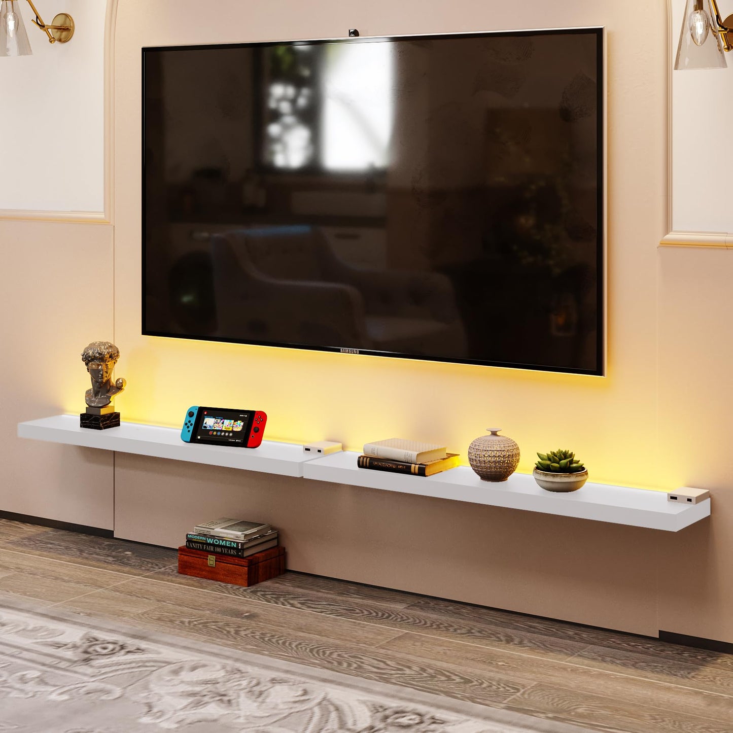 BAMEOS Floating Shelves with LED Lights, 31" White Wall Mounted Wooden Shelves with Invisible Brackets, Set of 2, Hanging Wall Shelves for Bedroom, Bathroom, Living Room and Kitchen Decoration