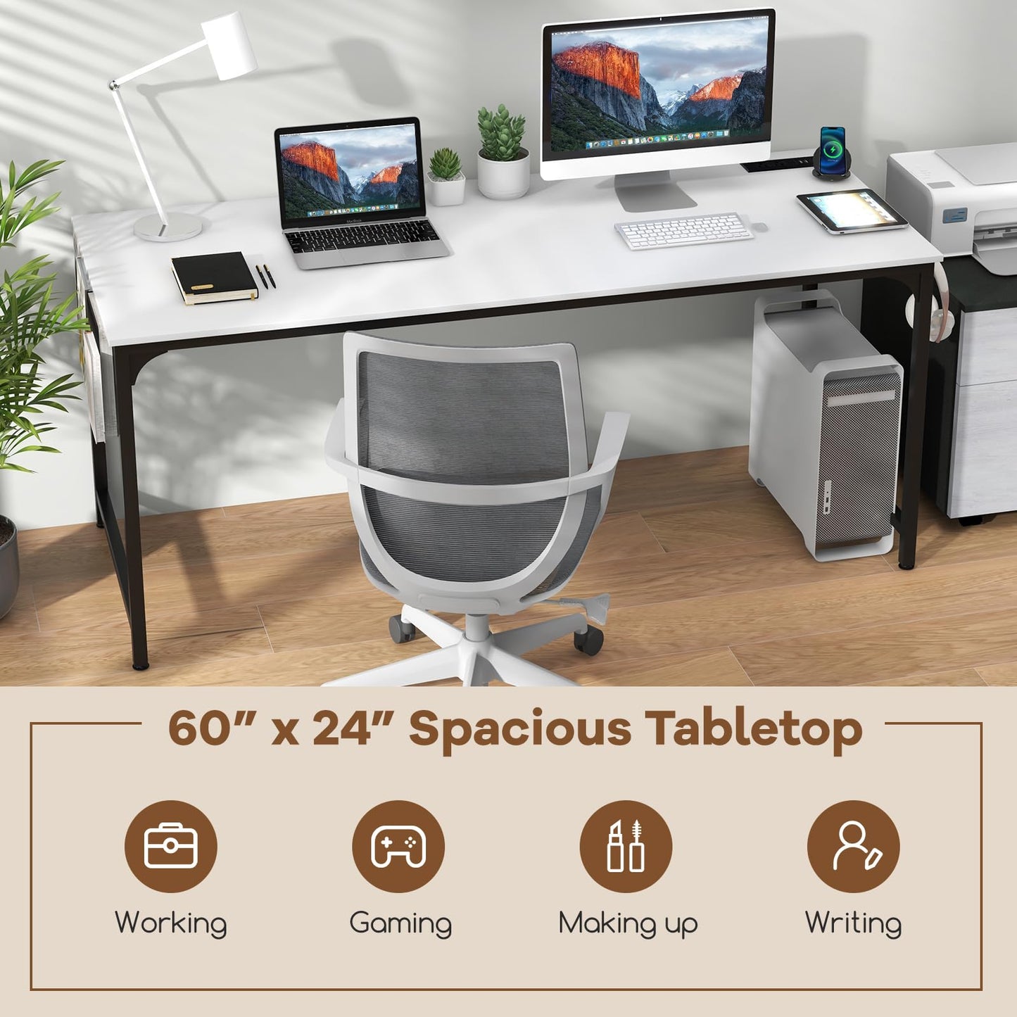 Tangkula 60" Conference Desk Set of 6, Modern Boardroom Desk with Storage Bag, Headphone Hook, Sturdy Metal Frame, Rectangular Seminar Table with Charging Station