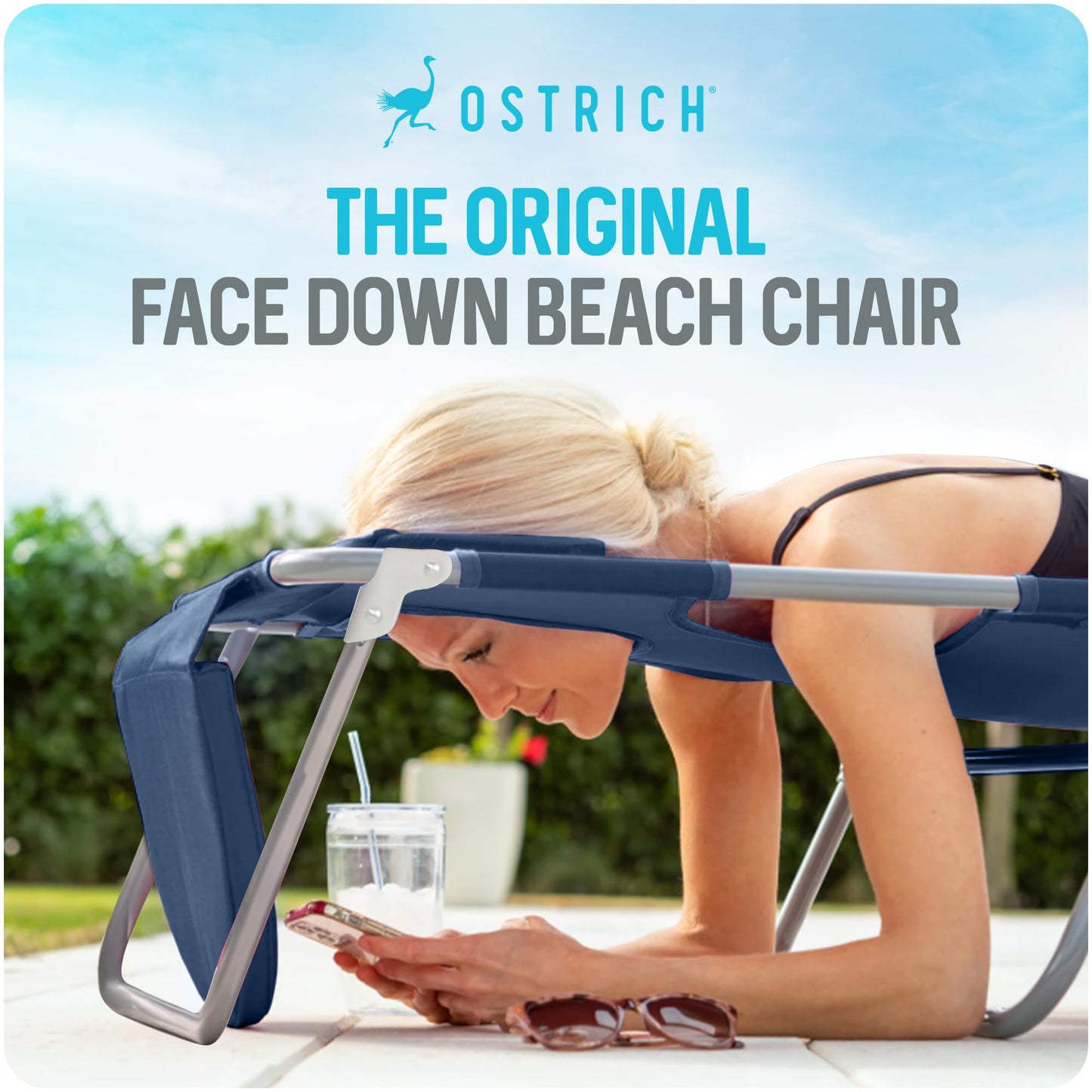 Ostrich the Woody Backpack 3N1 Portable Chair with Cooler Bag and Reclining Lounger for Tanning, Camping, Beach, and Outdoor Essential, Navy Blue