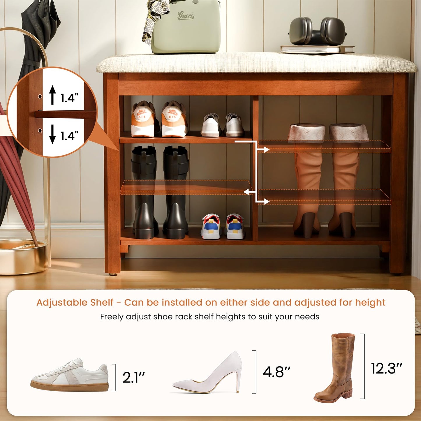 FAGAGA Shoe Rack Bench with Cushioned Seat, Solid Wood Entryway Bench with Flip-Top, Adjustable Shelf, Shoe Storage Bench for Hallway, Living Room, Mudroom (Beige, 31.5" L)