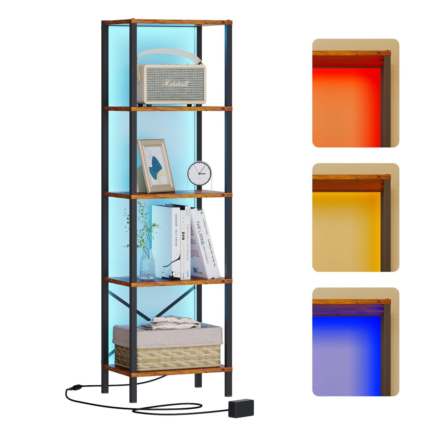 JARHETUN 5-Tier Bookshelf, Tall Narrow Bookcase with LED Lights, Book Shelf with Steel Frame, Office Furniture, Display Storage Shelf for Living Room, Bedroom, Study, Balcony, Rustic Brown