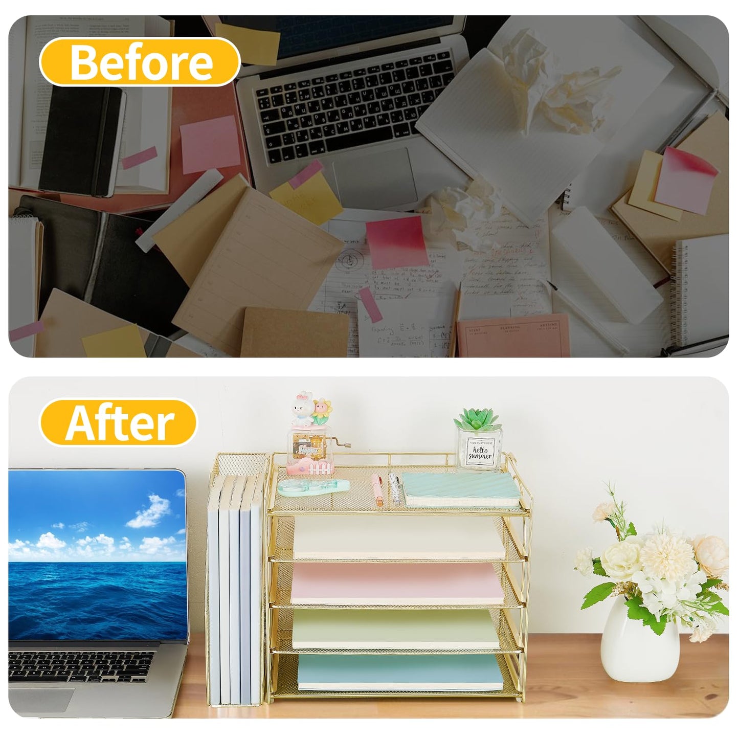AUPSEN Gold Desk Organizers and Accessories, 5-Tier Desktop Paper File Organizer with Removable File Holder, Desk Accessories & Workspace Organization for Home Office Supplies (Gold)