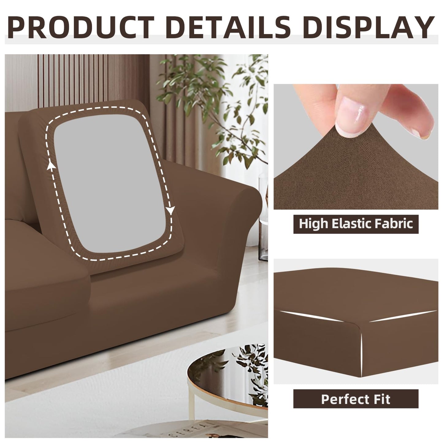 Easy-Going 7 Pieces Stretch Couch Cover Washable Sofa Cover Set for 3 Backrest and Seat Cushion Couch Anti-Slip Sofa Slipcover Furniture Protector with Elastic Bottom (Large, Brown)