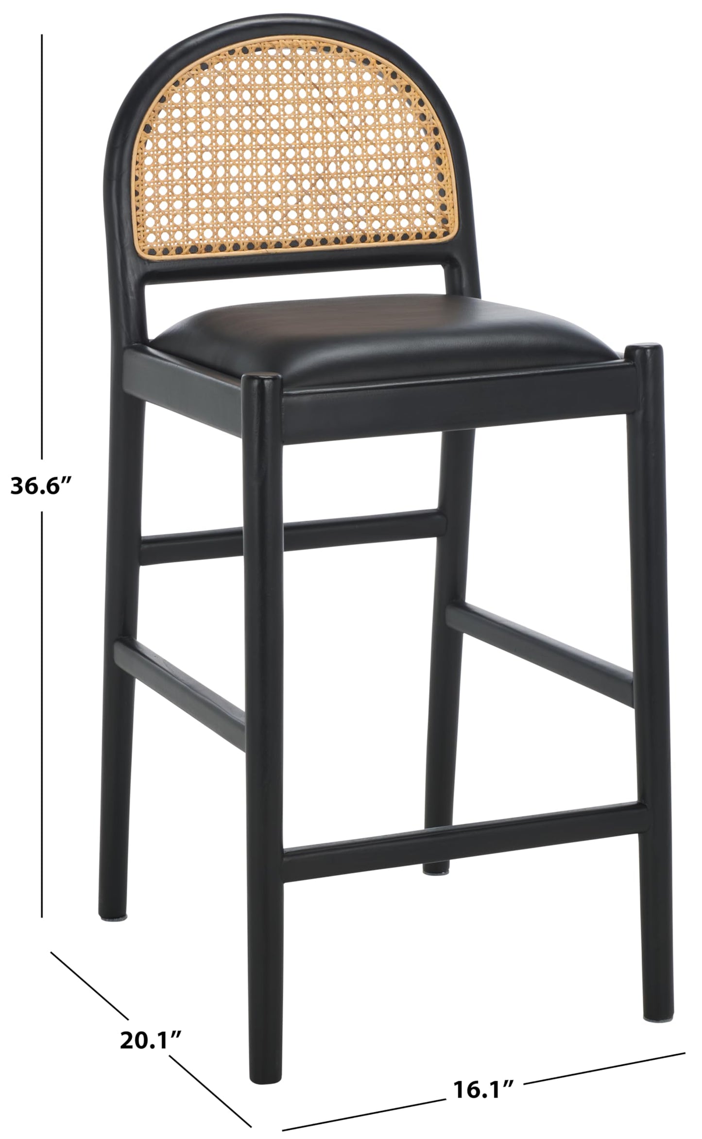 SAFAVIEH Couture Collection Laylie Black Leather Solid Wood Rattan 26-inch Seat Height Kitchen Island Breakfast Nook Counter Stool (Fully Assembled)