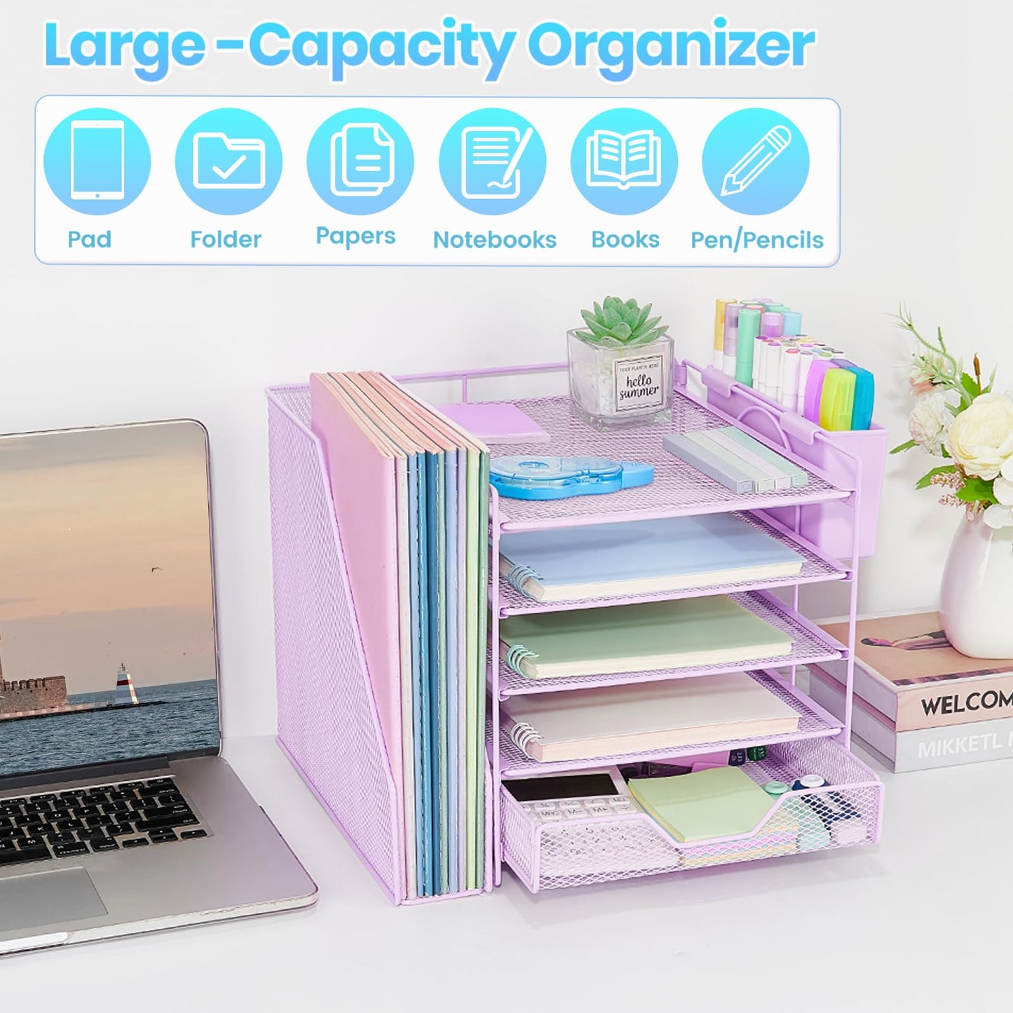 Gugsey Desk Organizers and Accessories, 5-Tier Paper Letter Tray Organizer with File Holder, Drawer & Pen Holder, Office Desk Accessories, Desktop Organizer for Classroom Office Supplies, Purple