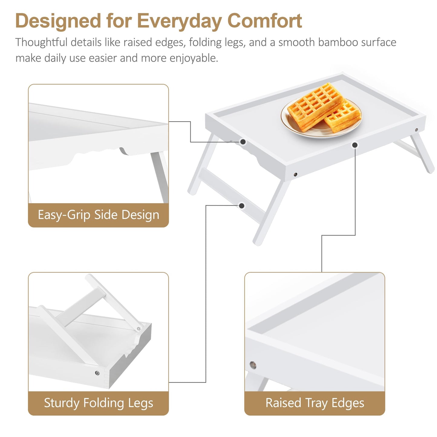 Breakfast Tray with Folding Legs Set of 2, Bamboo Bed Tray Table 15.7" Foldable TV Dinner Tray with Ergonomic Wave Handles for Bed Couch Sofa, Breakfast, Snacks, Coffee, White