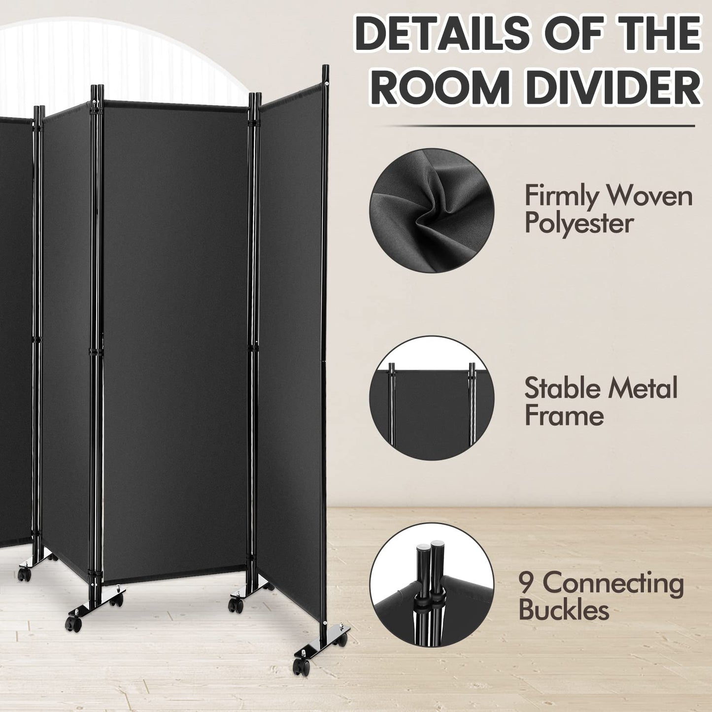 Giantex 4 Panel Room Divider, Folding Privacy Screen with Lockable Wheels, Rolling Partition Room Dividers, Freestanding Fabric Wall Divider for Home Office Studio Separation, 89''W x 68''H, Gray
