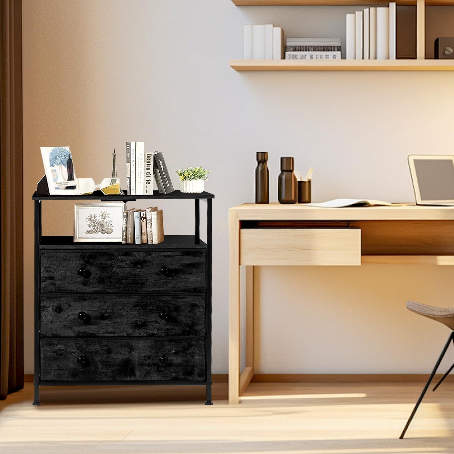 PATAVOT 3 Drawers Dresser with Charging Station, 24 Inch Wide LED Night Stand with Adjustable Fabric Drawer, Nightstand with Storage Shelf for Living Room/Bedroom/Office, Black.