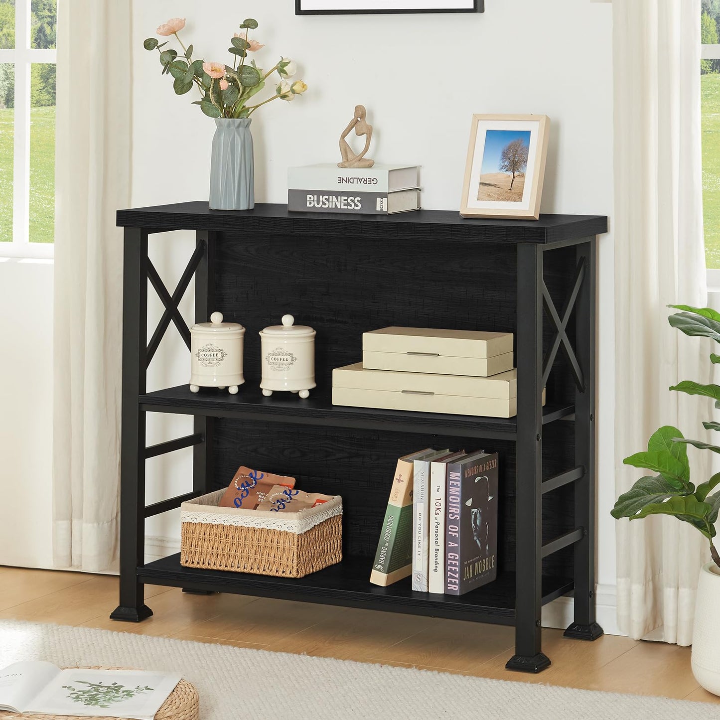 HOMBAZAAR 3-Tier Small Bookshelf, 35.4 Inch Short Book Shelf with Sturdy Metal Frame & Wood Shelves, Black Industrial Bookcase for Living Room, Bedroom, Office