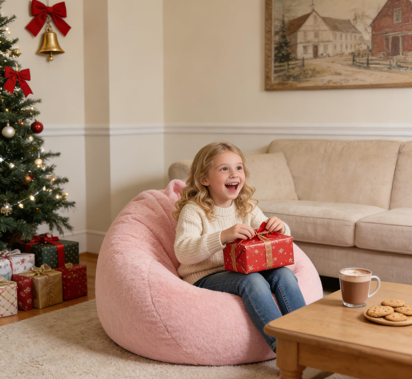 ENBAOHUI 3FT Faux Fur Comfy Memory Foam Bean Bag Chairs for Kids or Babies with Filling Bean Bag Sofa with Handle Super Soft Washable Faux Fur Fabric Lazy Sofa 3 Foot Pink