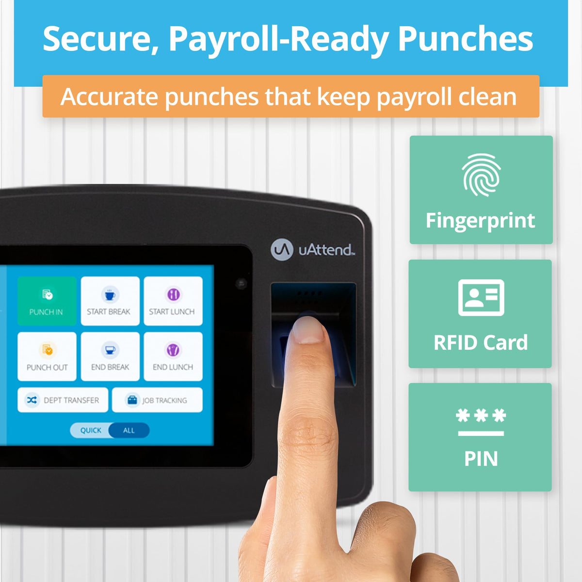 uAttend JP2000 Payroll Time Clock – Cloud Payroll Engine with Biometric & RFID, Time & Attendance System, Faster Payroll - $100 Payroll Fees Credit