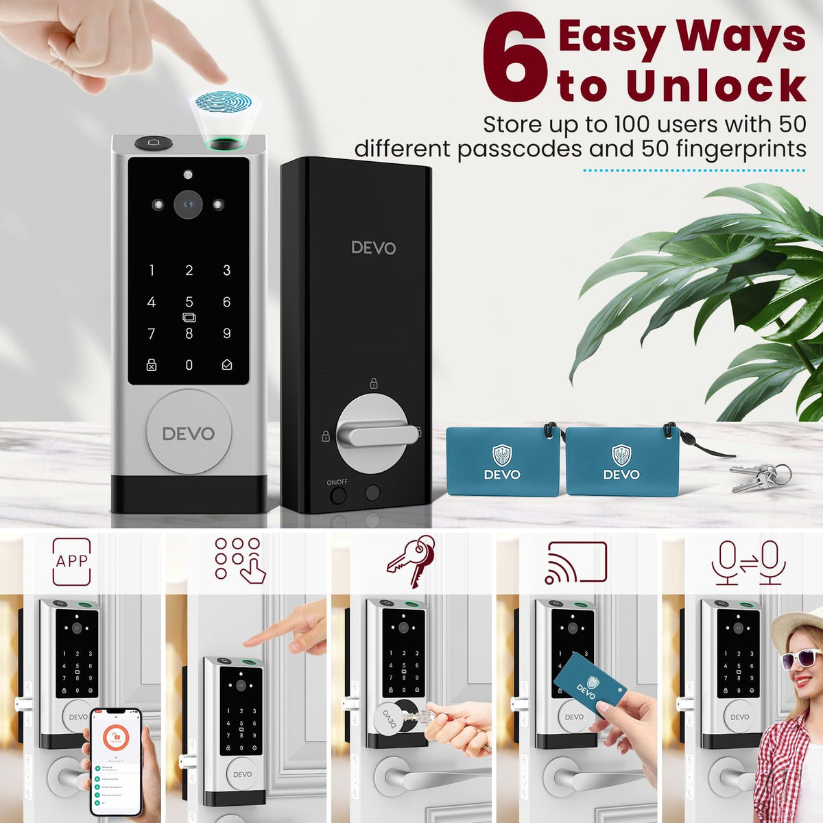 DEVO G1 Keyless Entry Deadbolt- 6-in-1 Smart Lock with Camera & Doorbell, Wi-Fi Smart Door Lock for Front Door with Fingerprint, Auto Locks, App Remote Light Sliver