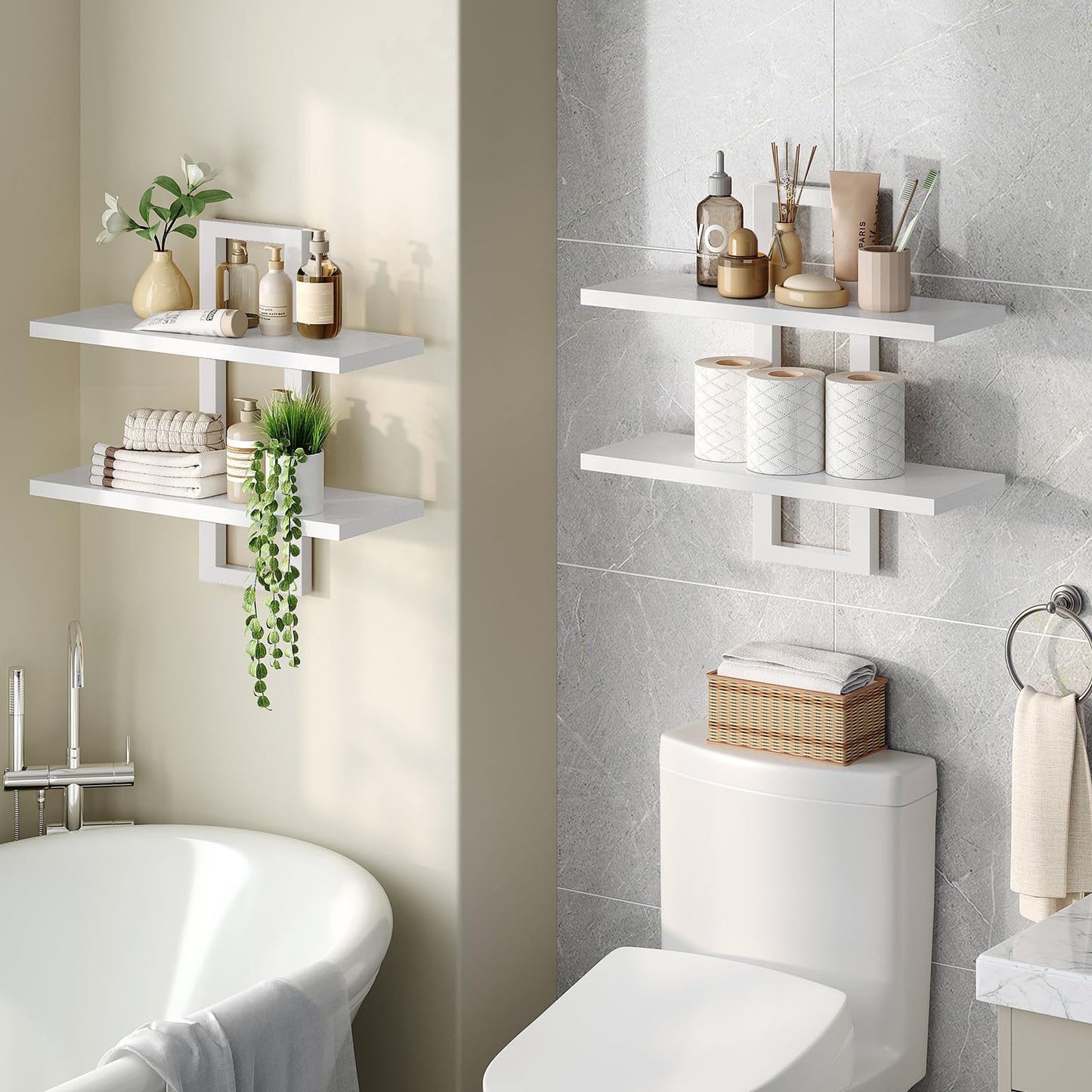HOOBRO Floating Shelves, 15 Inch Wall Shelf Set of 2, Wall Mounted Storage Shelves 2-Tier, Hanging Bathroom Shelves, for Living Room, Bedroom, Bathroom, Kitchen, White WW32BJ01