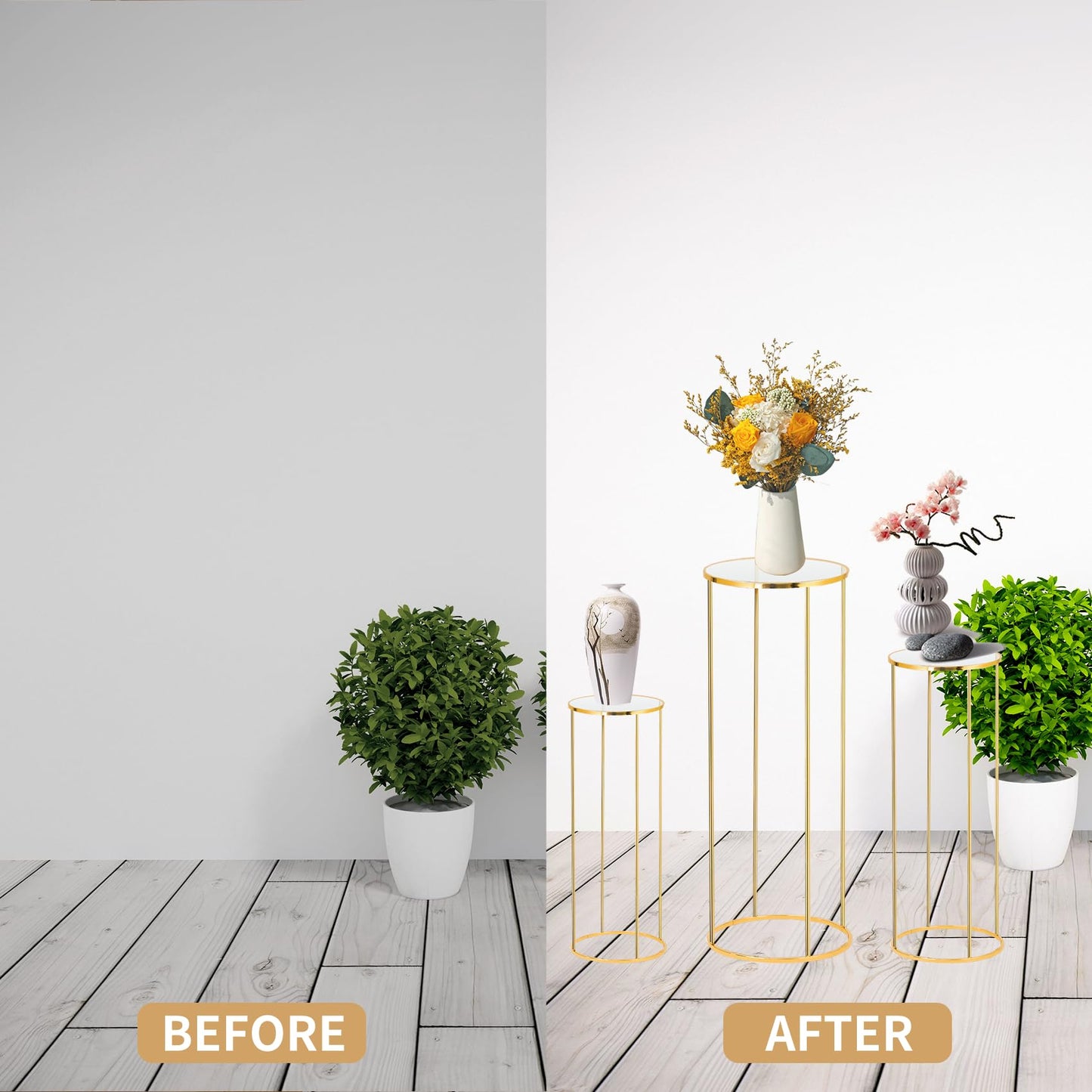 Kapaga 3pcs Gold Metal Plant Stand, Cylinder Pedestal Stands for Party, Metal Plant Columns Pedestal Stands for Display, Round Cylinder Columns tables for Weddings Cake Stand Floor Plant Tables