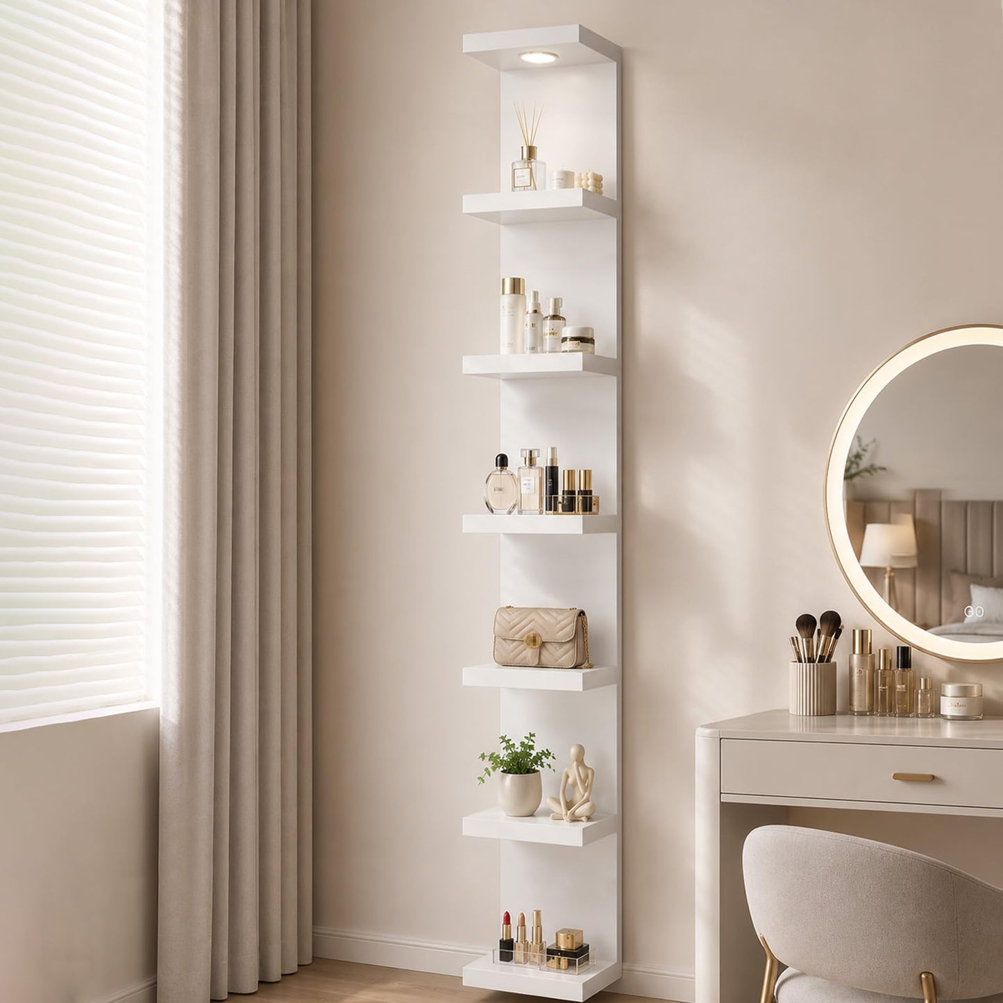 LitaEther Versatile 7 Tier Wall Shelf Unit,White Lack Wall Shelf,Display Floating Shelf with LED Remote Control Light