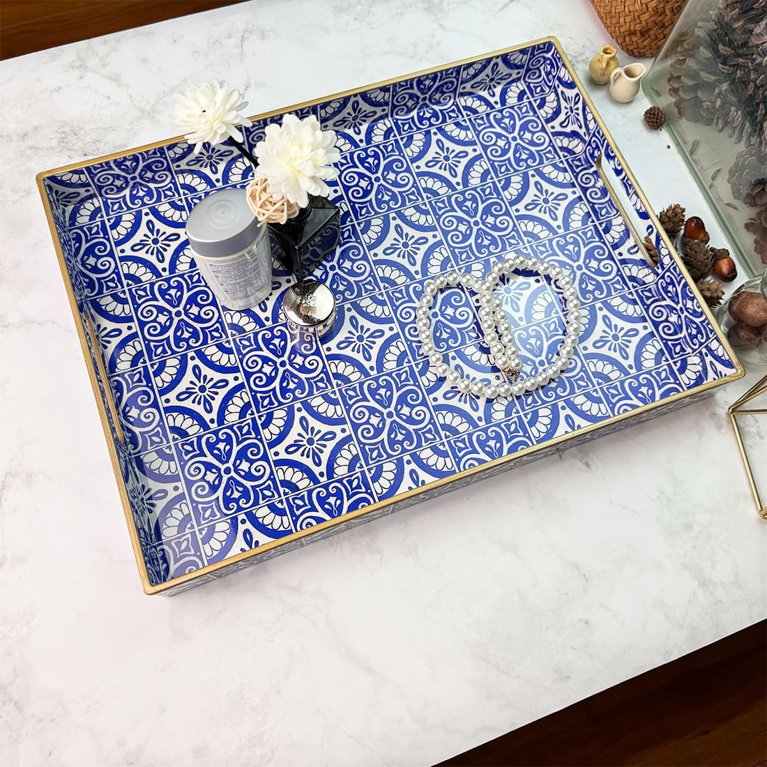 Umisriro Serving Tray with Handles, Rectangular Decorative Trays for Coffee Table, Plastic Ottoman Tray for Living Room, Decor, Boho Blue, 15.7”*11.8”*1.6"
