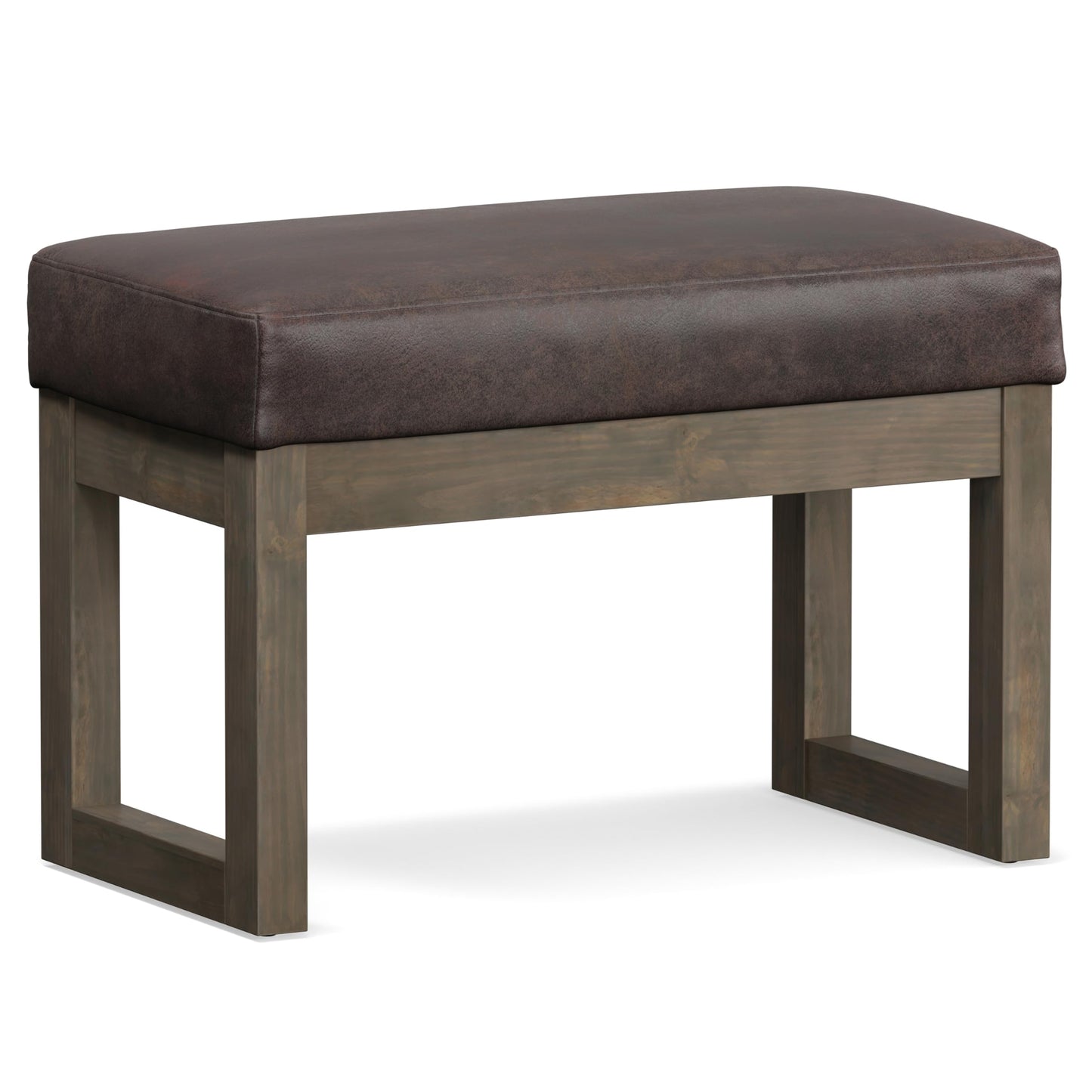SIMPLIHOME Milltown Small Ottoman Bench - 27 inch Wide Upholstered Vegan Leather Rectangle Footstool Ottoman in Distressed Brown, Contemporary Bench for Bedroom with Cushioned Seat