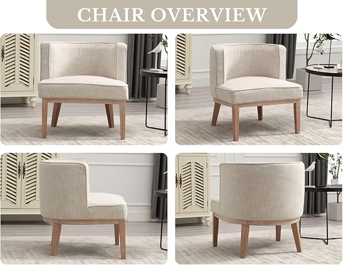 Beige Barrel Chair with Solid Wood Frame, Small Round Accent Chair, Comfy Linen