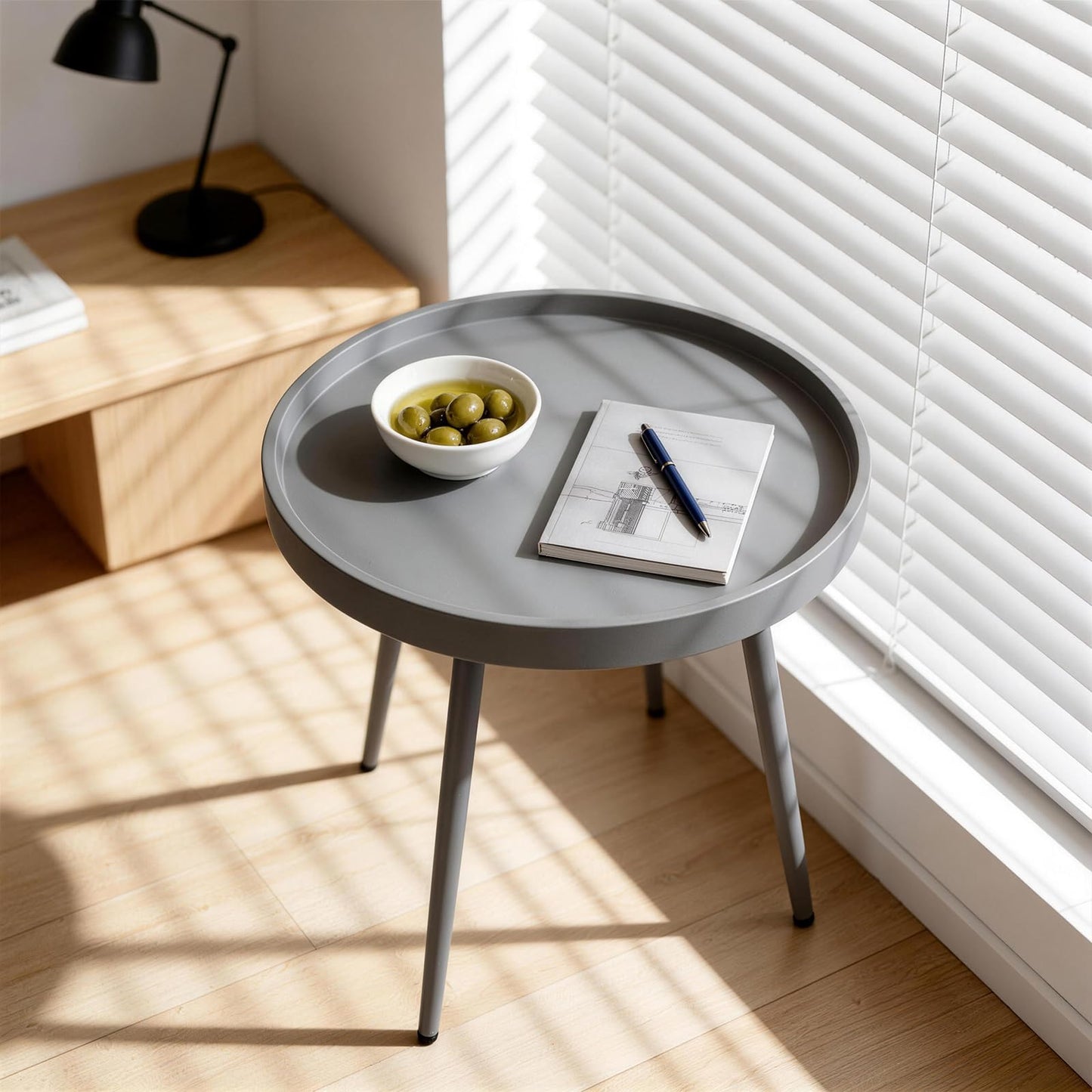 CHAIRABLE 20" Round Side Table, Plastic Top, Iron Frame, Waterproof, Gray